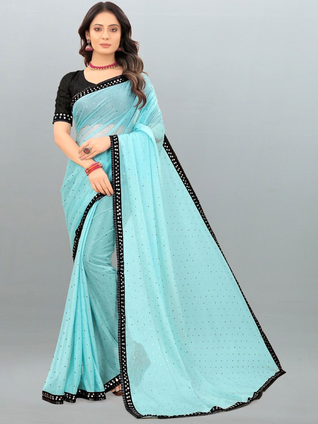 APNISHA Blue & Black Embellished Sequinned Lycra Saree Price in India