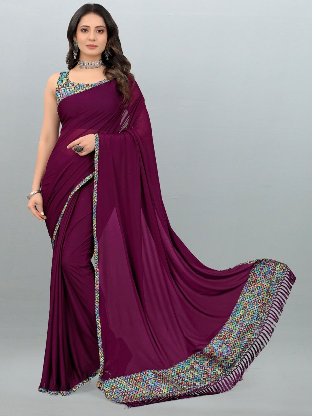 APNISHA Purple & Blue Digital Printed Border Lycra Saree Price in India