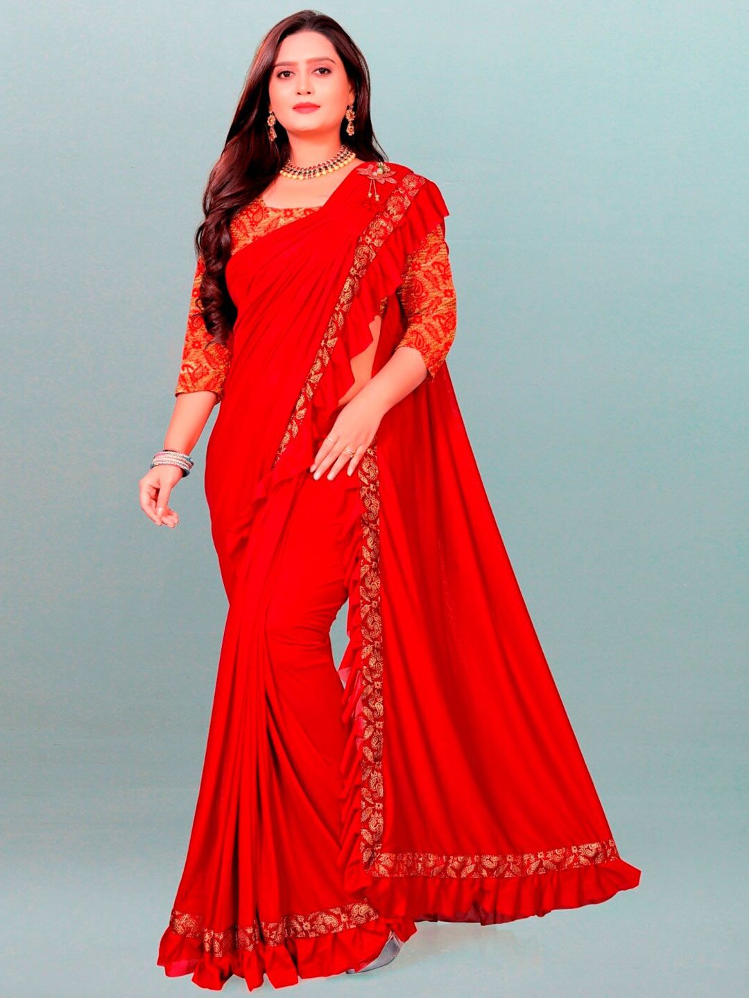 APNISHA Women Red & Gold-Toned Solid Lycra Saree Price in India