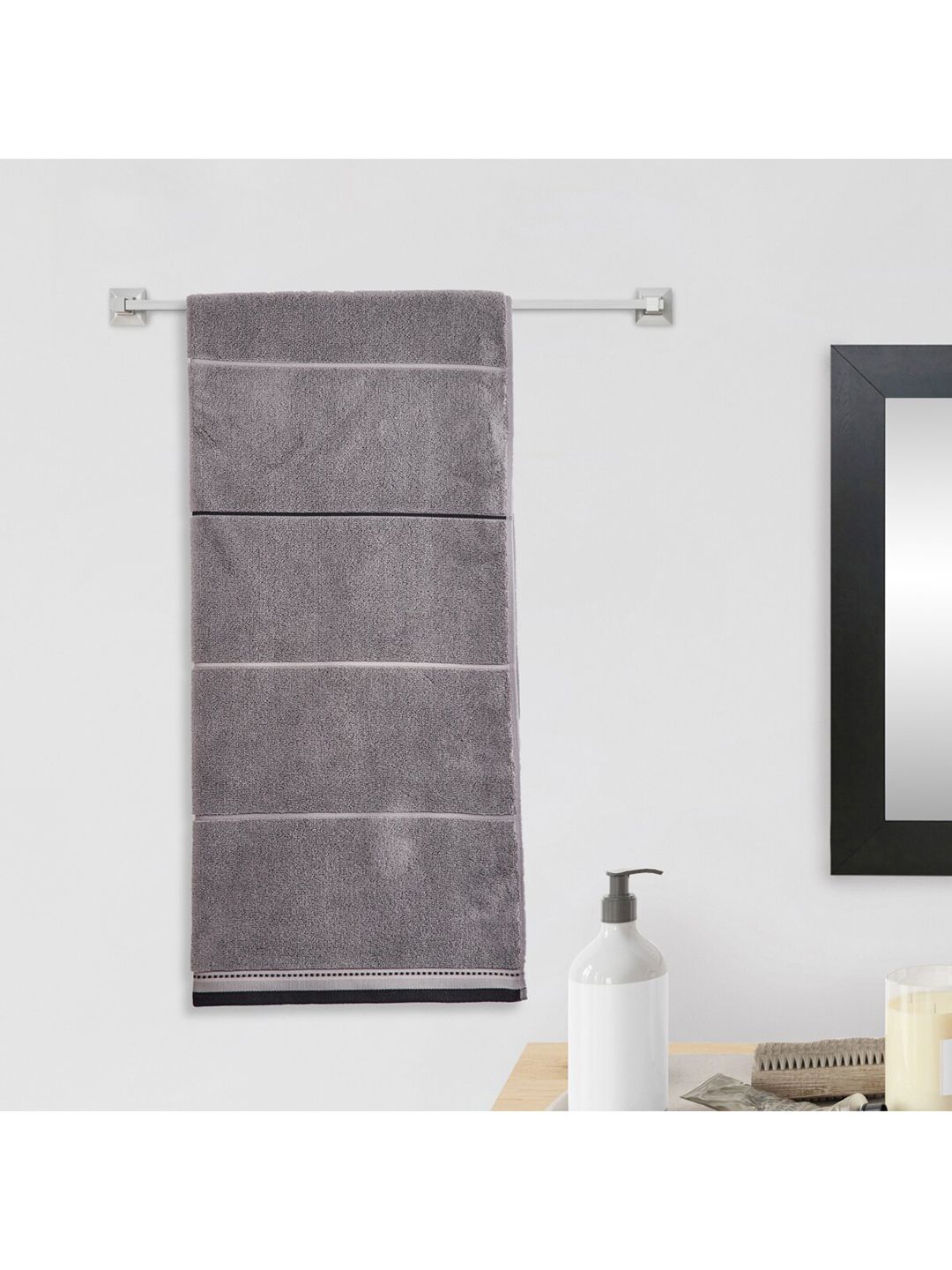 Home Centre Grey Striped Cotton 380 Gsm Bath Towel Price in India