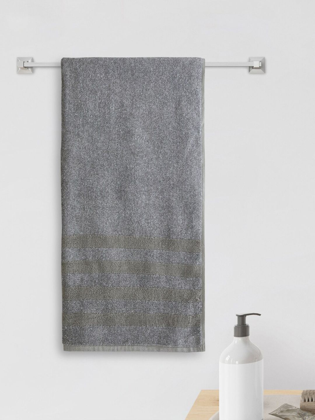 Home Centre Unisex Grey Striped 380 GSM Cotton Bath Towel Price in India