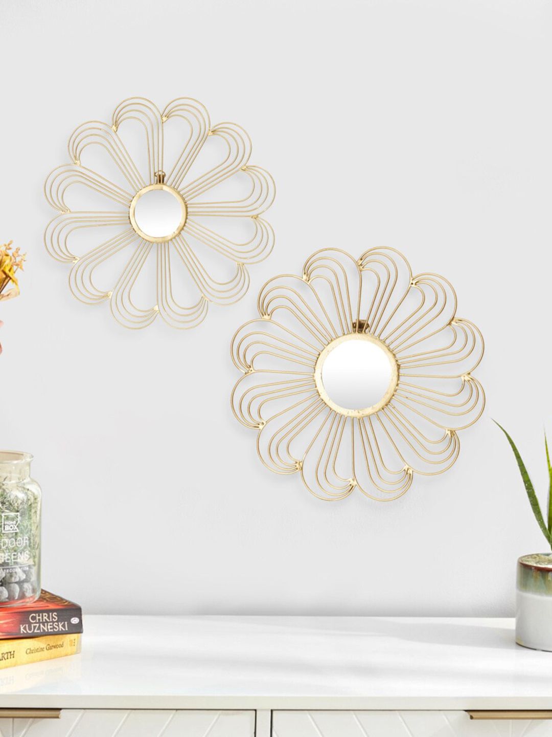 Home Centre Pack Of 2 Gold-Toned & White Textured Floral Metal Wall Art With Mirror Price in India