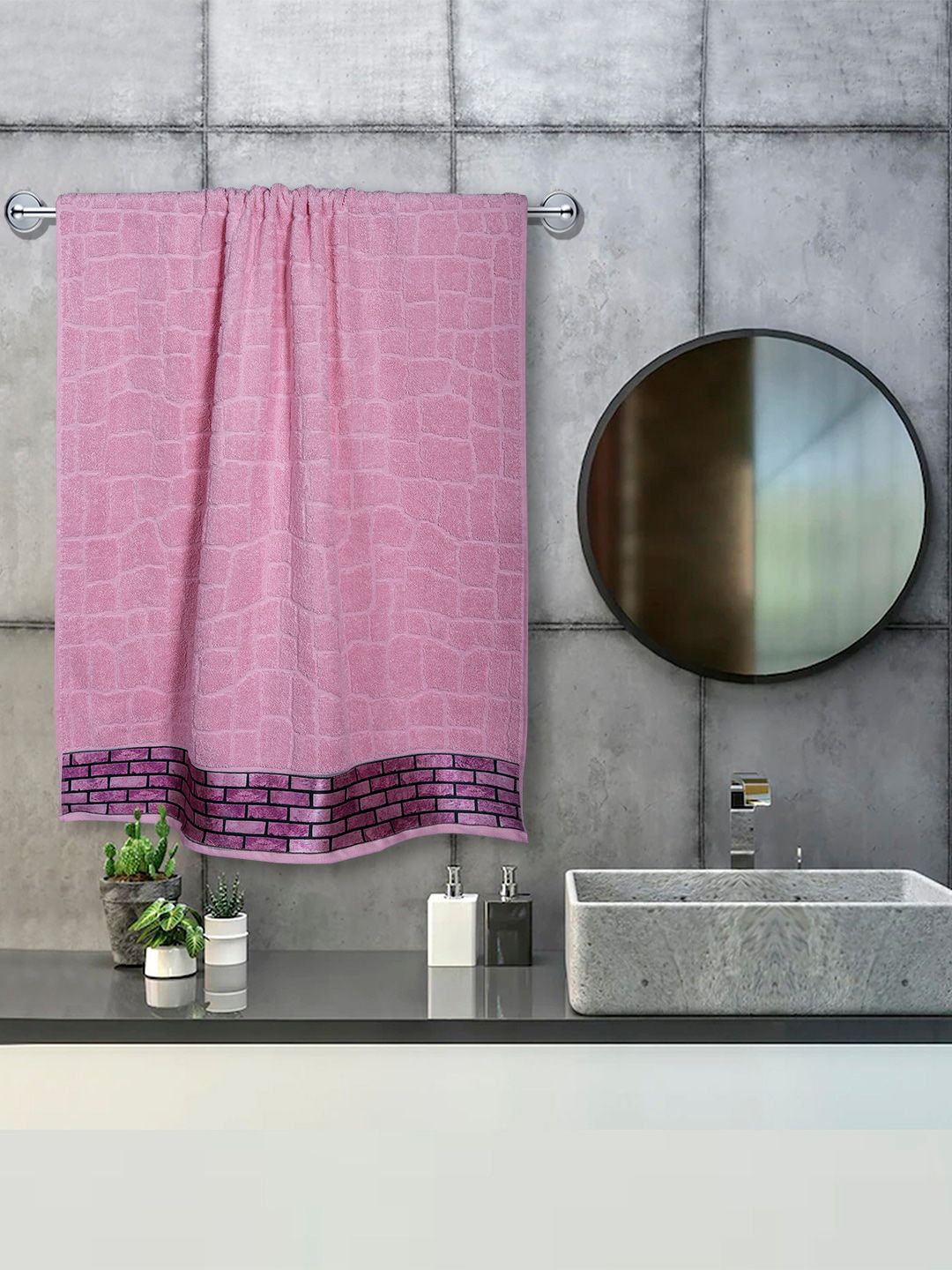 RANGOLI Pink Self Design 600 GSM Cotton Bath Towel Price in India