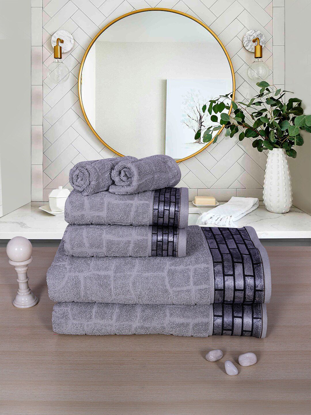 RANGOLI Adults Set Of 6 Grey Stonewall Pattern 600 GSM Cotton Bath Towel Price in India