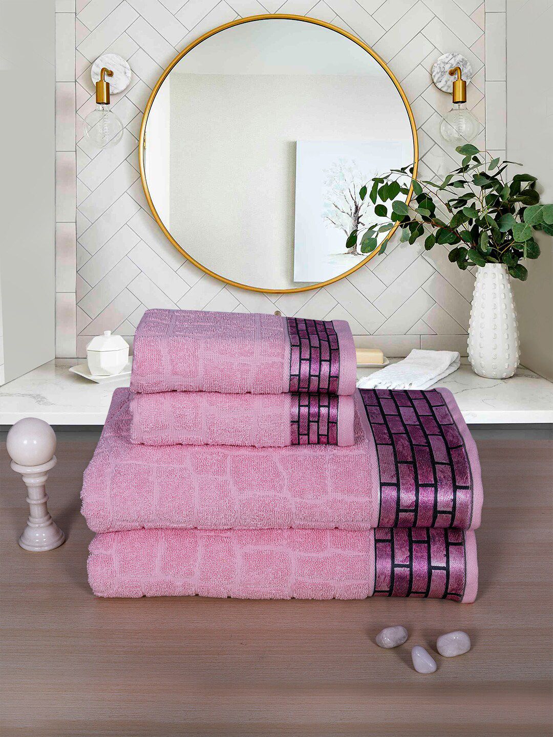 RANGOLI Pack Of 4 Pink Self Design 600 GSM Cotton Towel Set Price in India