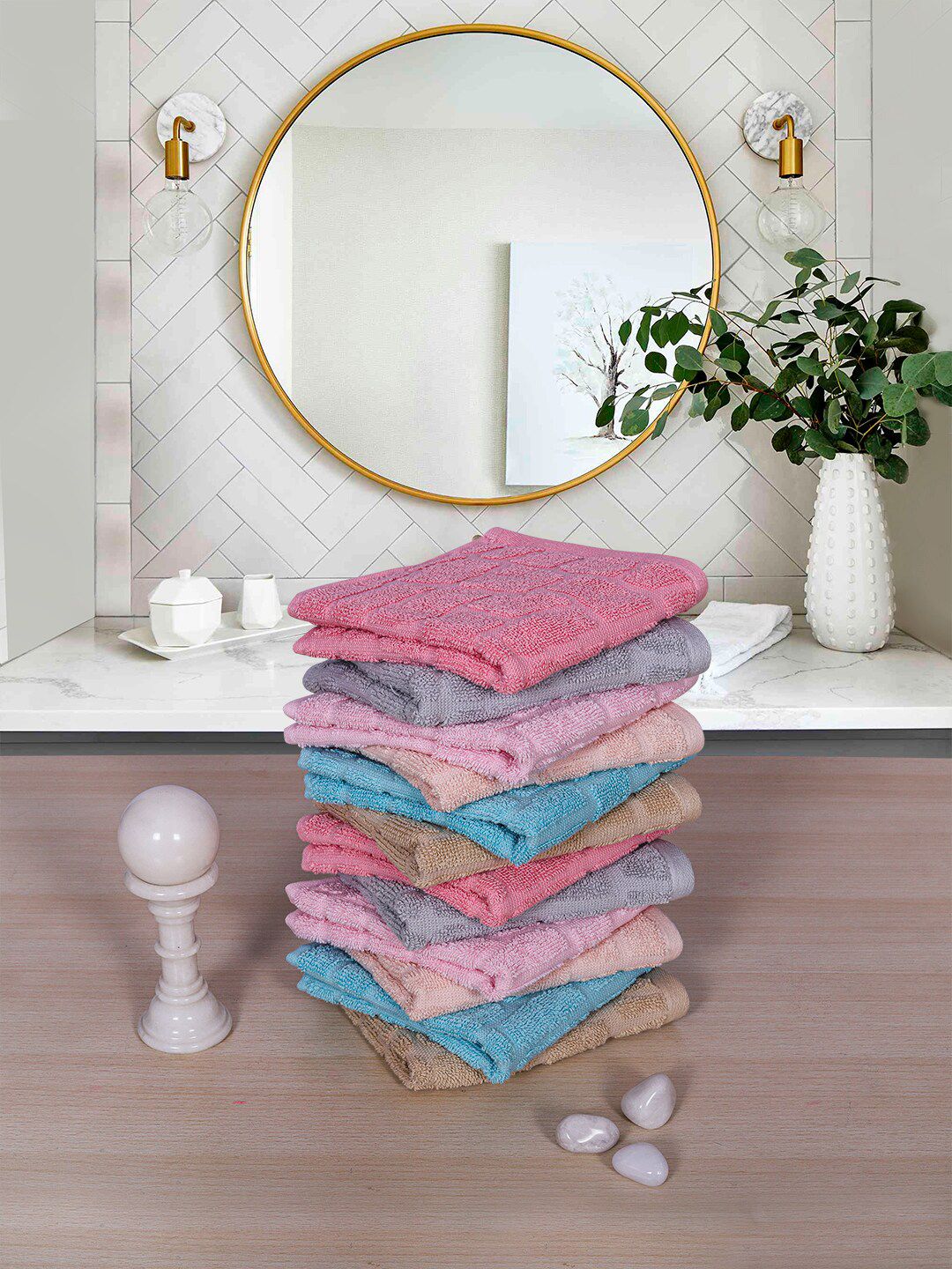 RANGOLI Pack Of 12 Pink & Grey Self Design Pure Cotton 600 GSM Face Towel Set Price in India