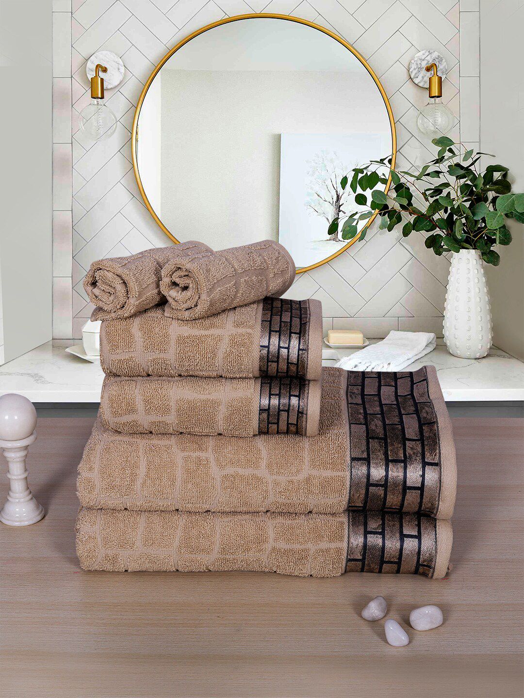 RANGOLI Unisex Set Of 6 Beige Self Design 600 GSM Cotton Towel Set Price in India