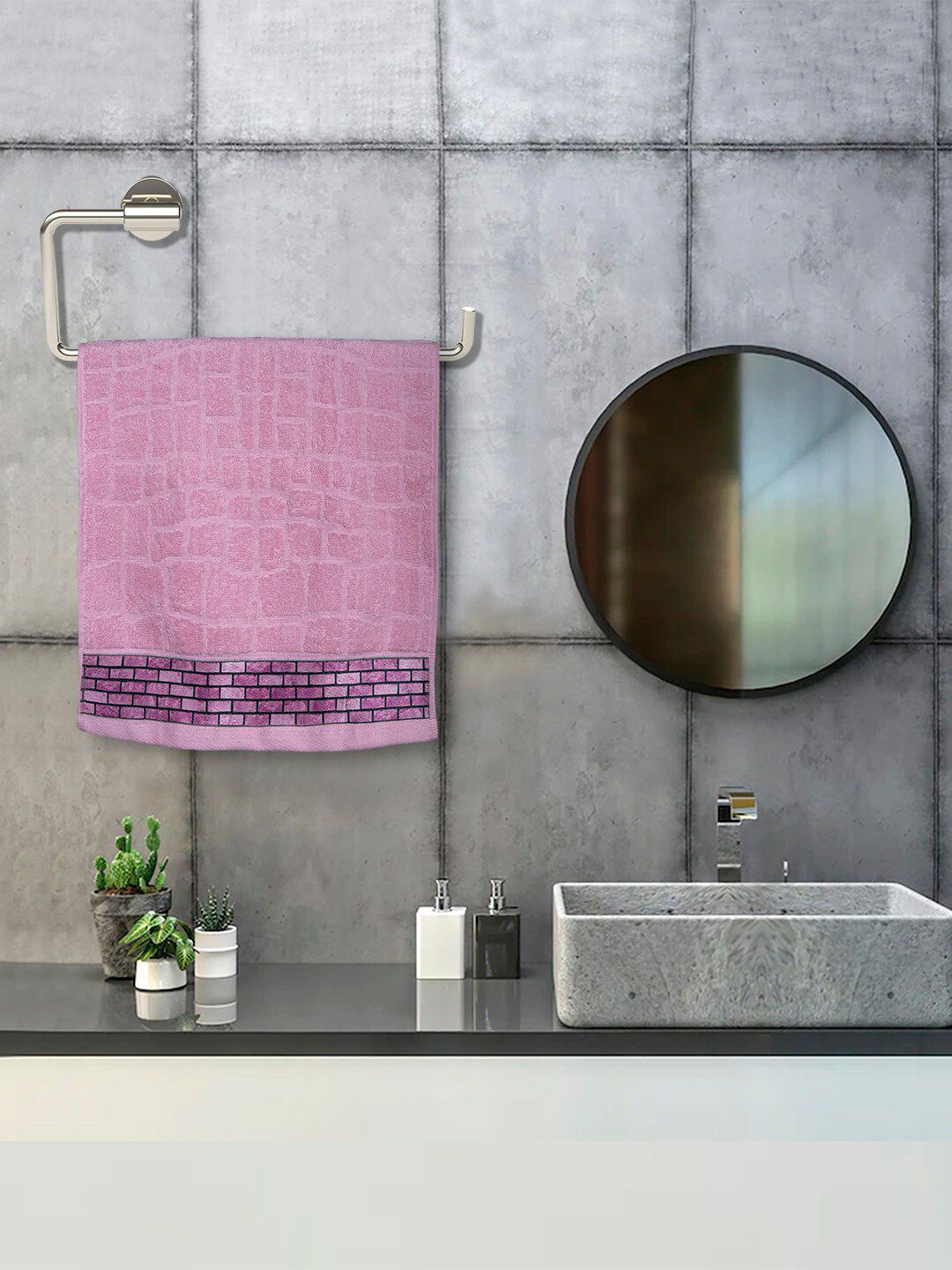 RANGOLI Set of 6 Pink Self Design 600 GSM Cotton Face Towel Set Price in India