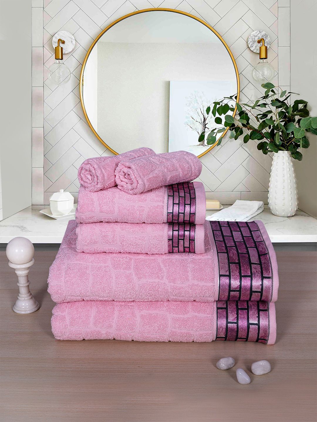 RANGOLI Set Of 6 Pink Solid Cotton Towels Price in India