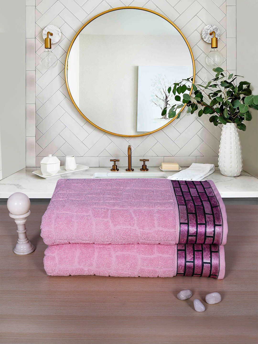 RANGOLI Pack of 2 Pink Solid 600 GSM Pure Cotton Bath Towel Set Price in India