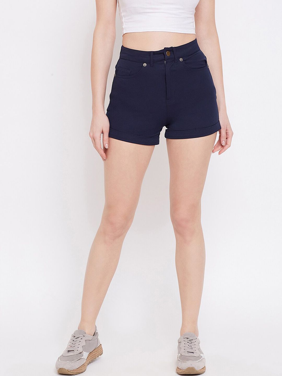 Hypernation Women Navy Blue Slim Fit High-Rise Denim Shorts