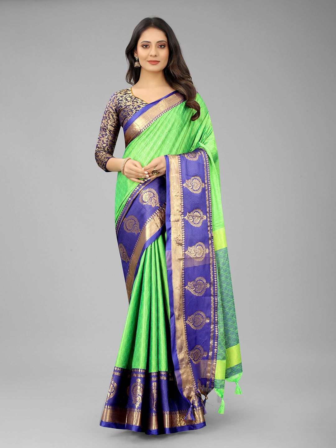 WILORI Green & Blue Woven Design Zari Silk Cotton Mysore Silk Saree Price in India