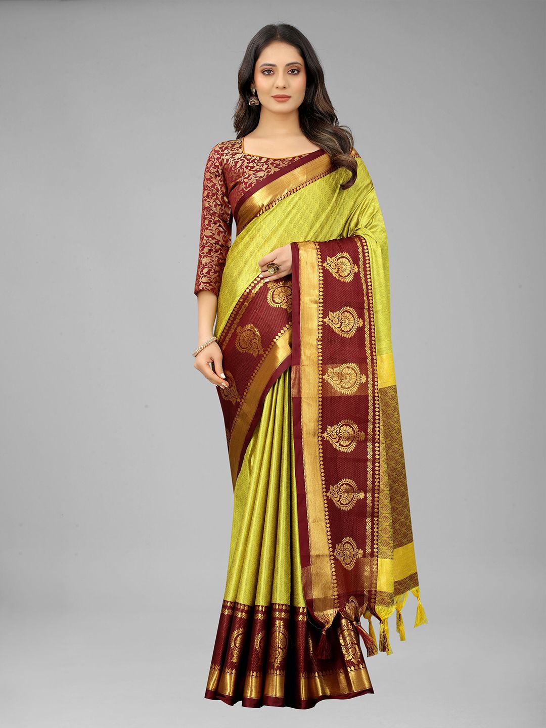 WILORI Yellow & Brown Woven Design Zari Silk Cotton Mysore Silk Saree Price in India