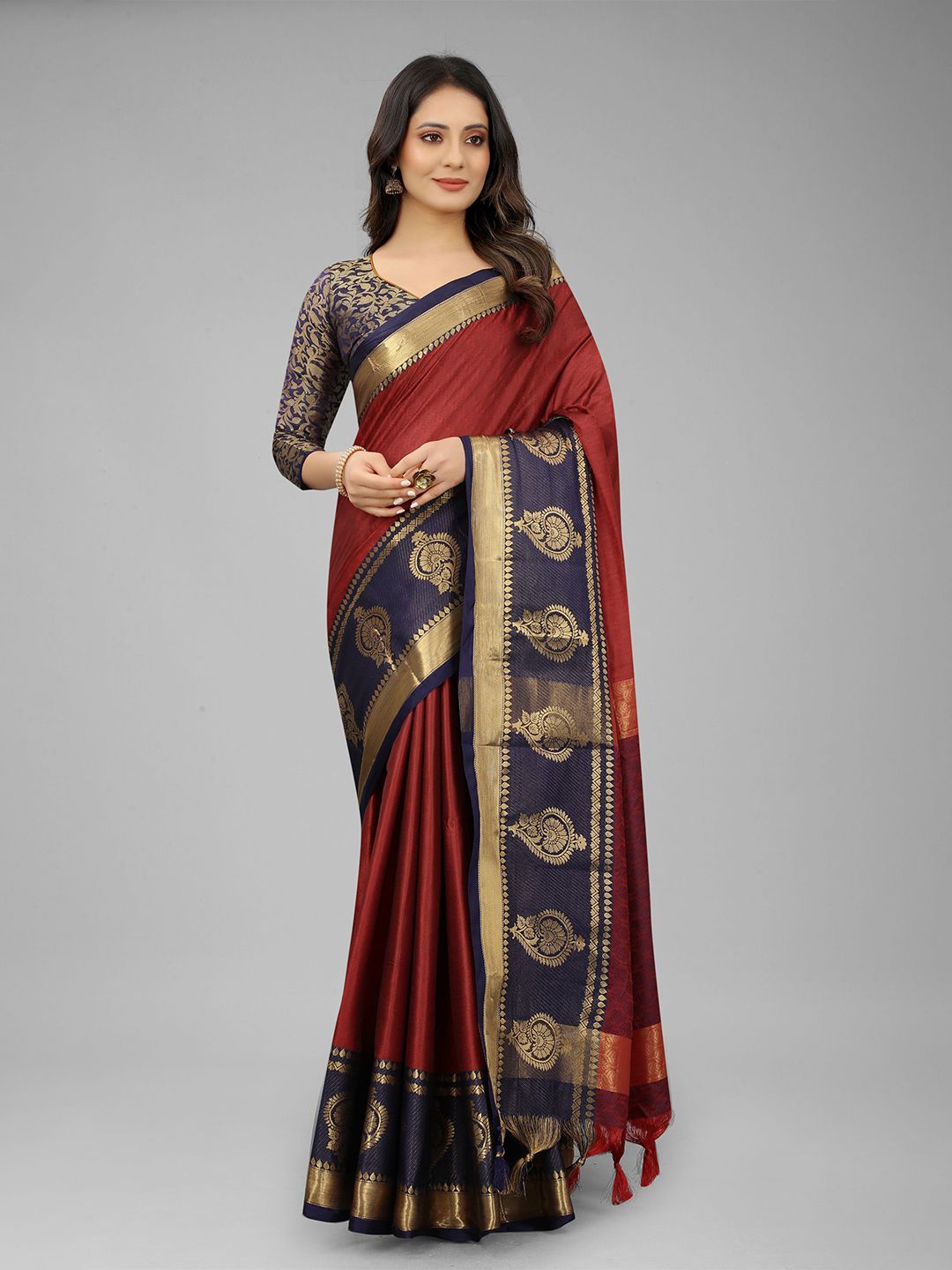 WILORI Women Red & Navy Blue Woven Design Zari Silk Cotton Mysore Silk Saree Price in India