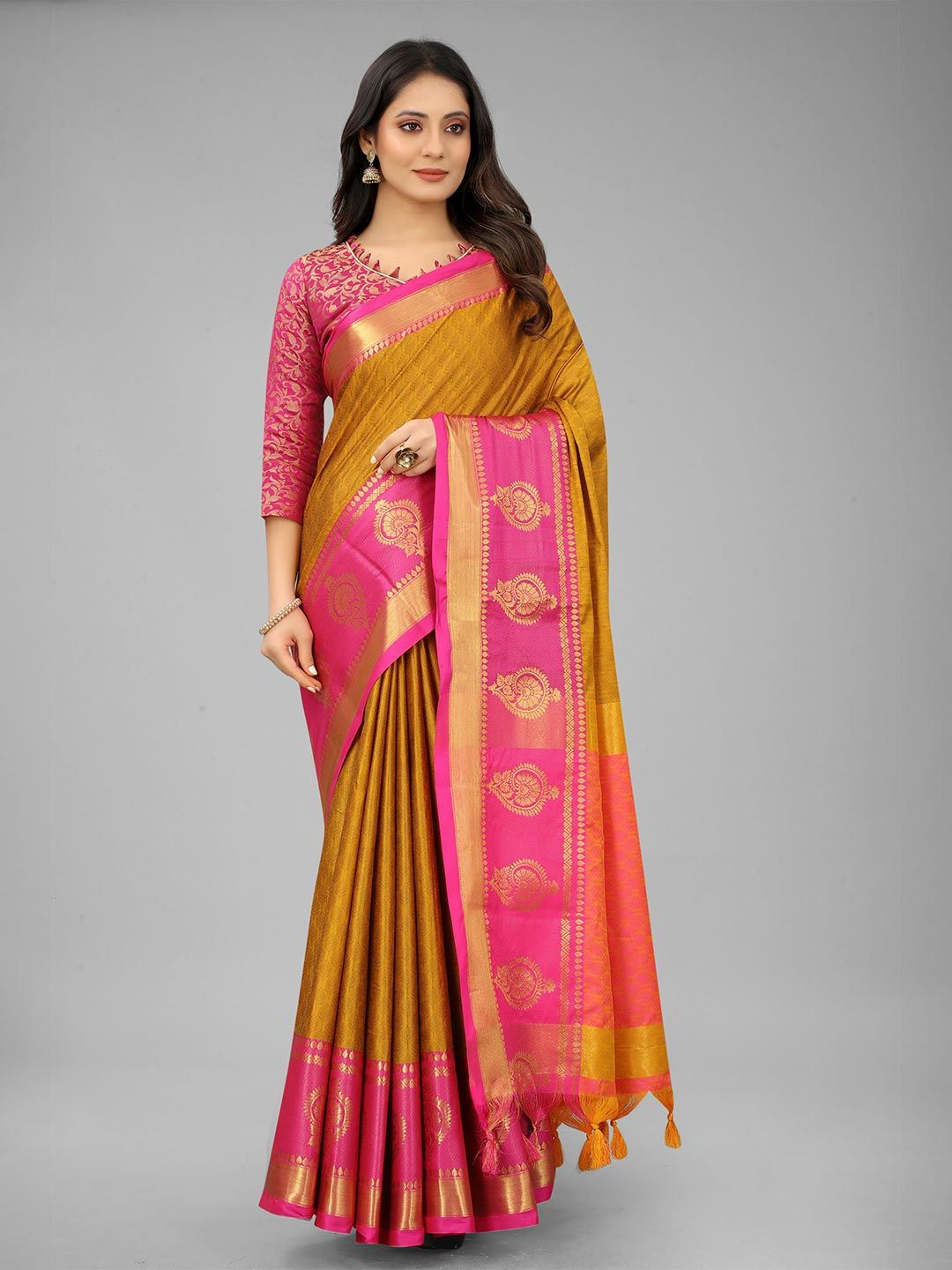 WILORI Women Copper-Toned & Pink Woven Design Zari Silk Cotton Mysore Silk Saree Price in India