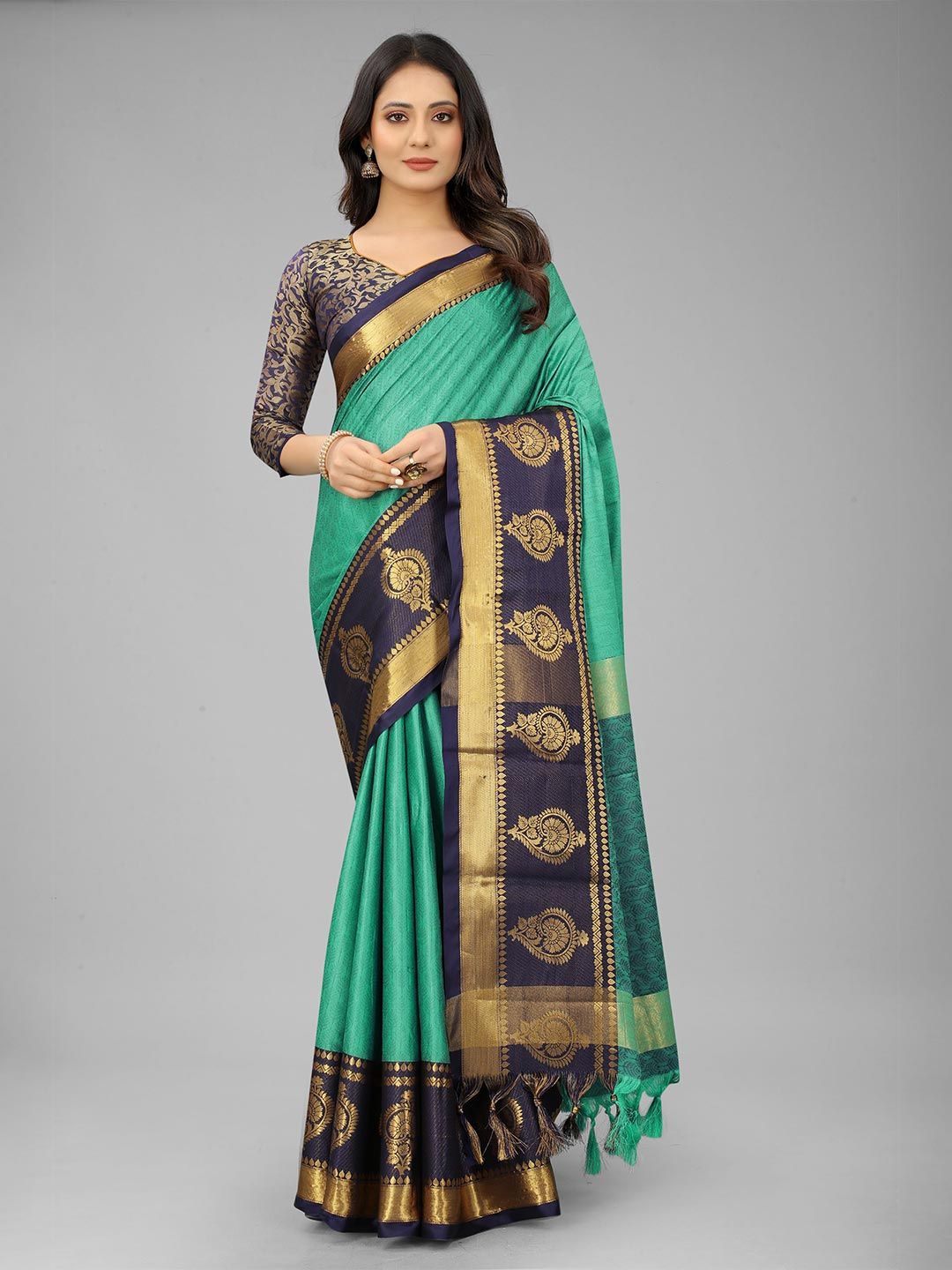 WILORI Sea Green & Blue Ethnic Motifs Zari Silk Cotton Mysore Silk Saree Price in India