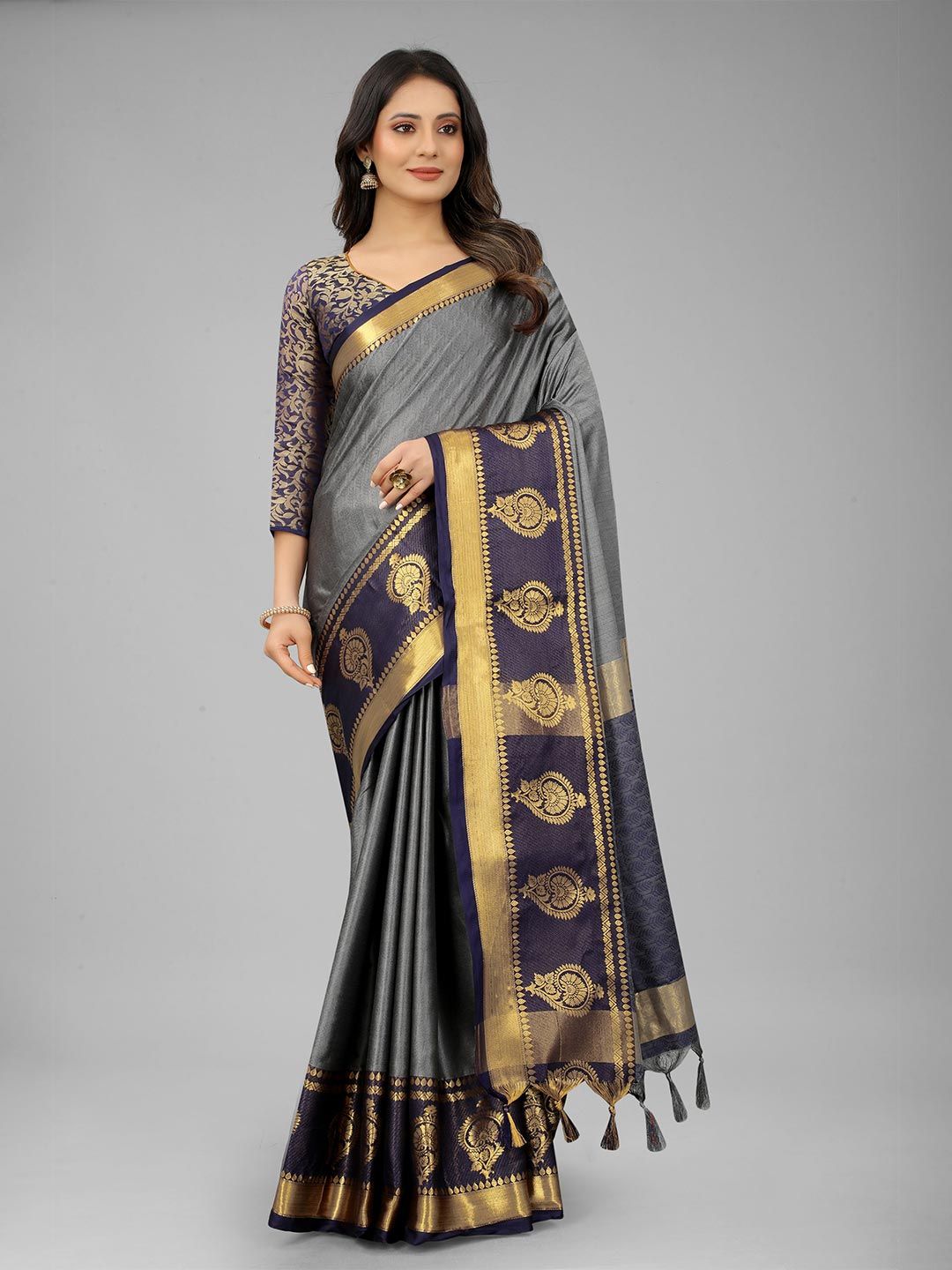 WILORI Grey & Gold-Toned Woven Design Zari Silk Cotton Mysore Silk Saree Price in India