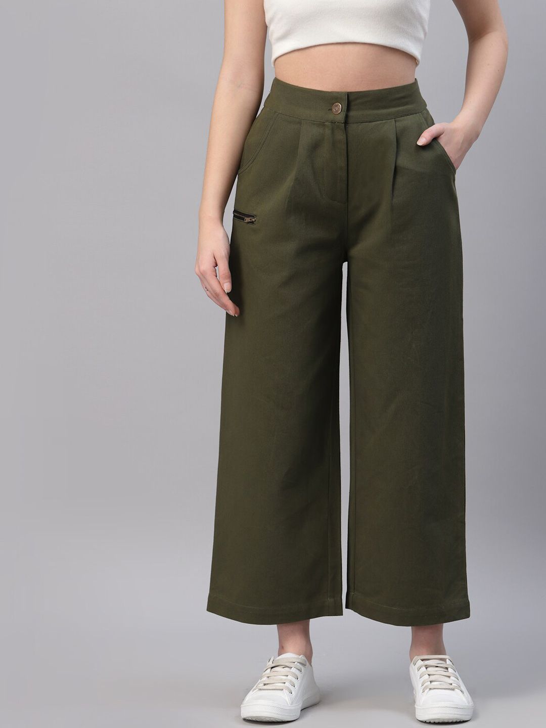 NEUDIS Women Olive Green Solid Relaxed Cotton Pleated Trousers Price in India