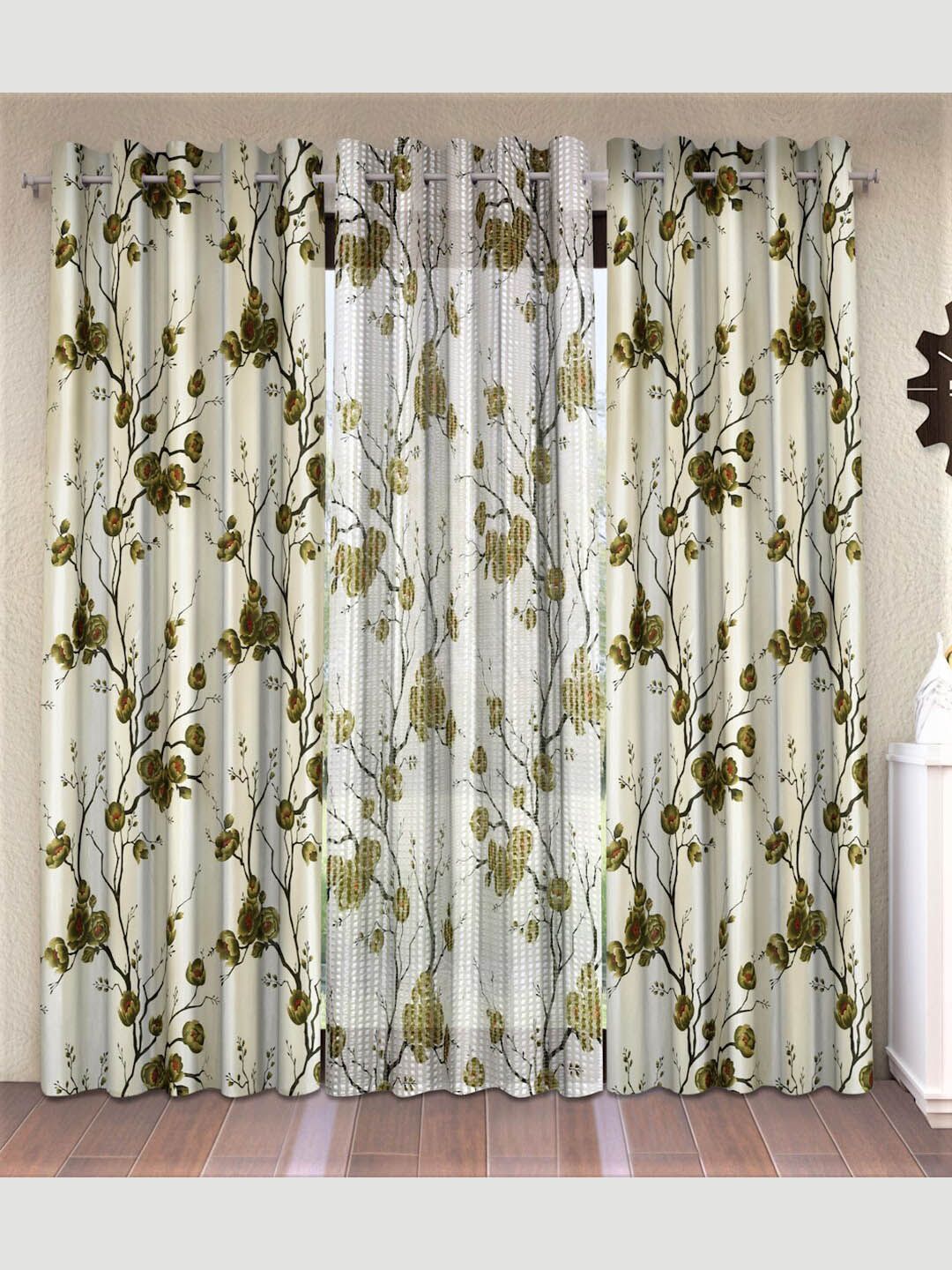Fashion String Green & White Set of 3 Floral Window Curtain Price in India
