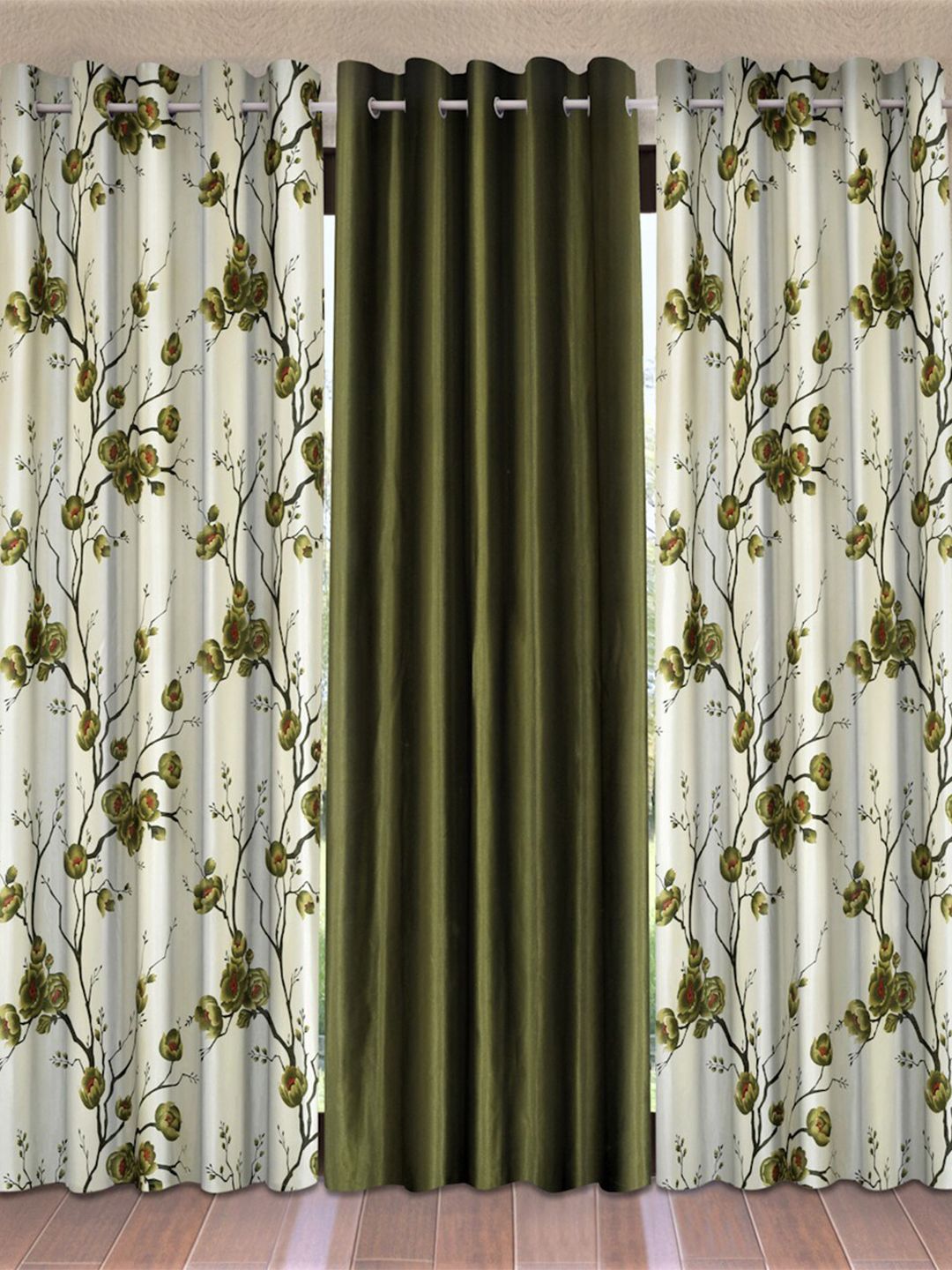 Fashion String Green & White Set of 3 Floral Door Curtain Price in India