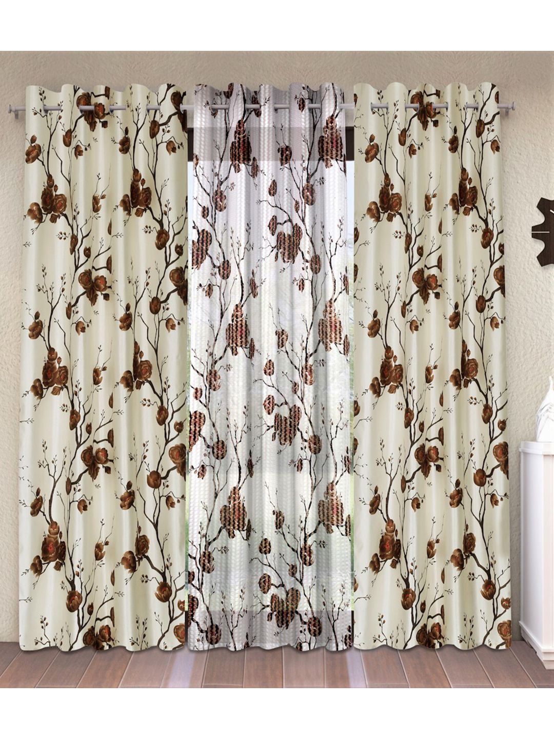 Fashion String Brown & Off White Set of 3 Floral Window Curtain Price in India