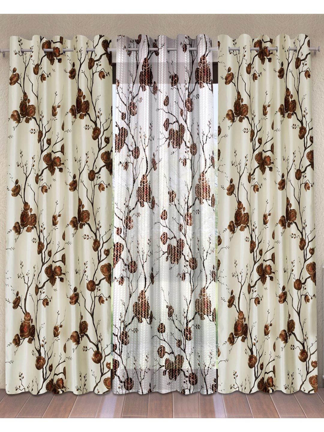 Fashion String Brown & White Set of 3 Floral Door Curtain Price in India