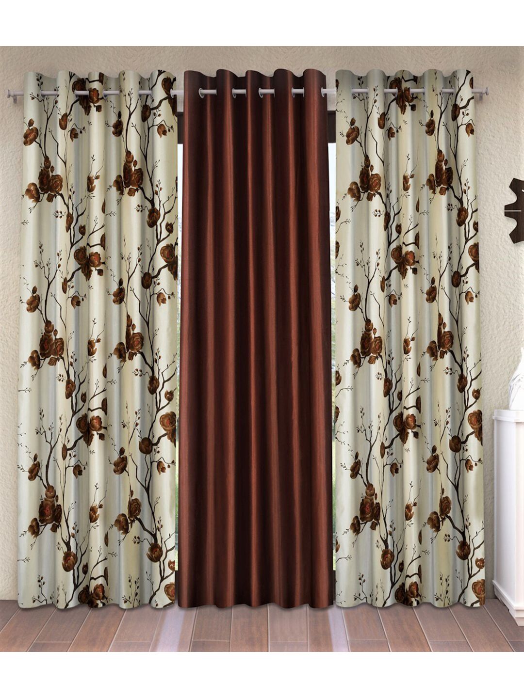 Fashion String Brown & White Set of 3 Floral Long Door Curtain Price in India