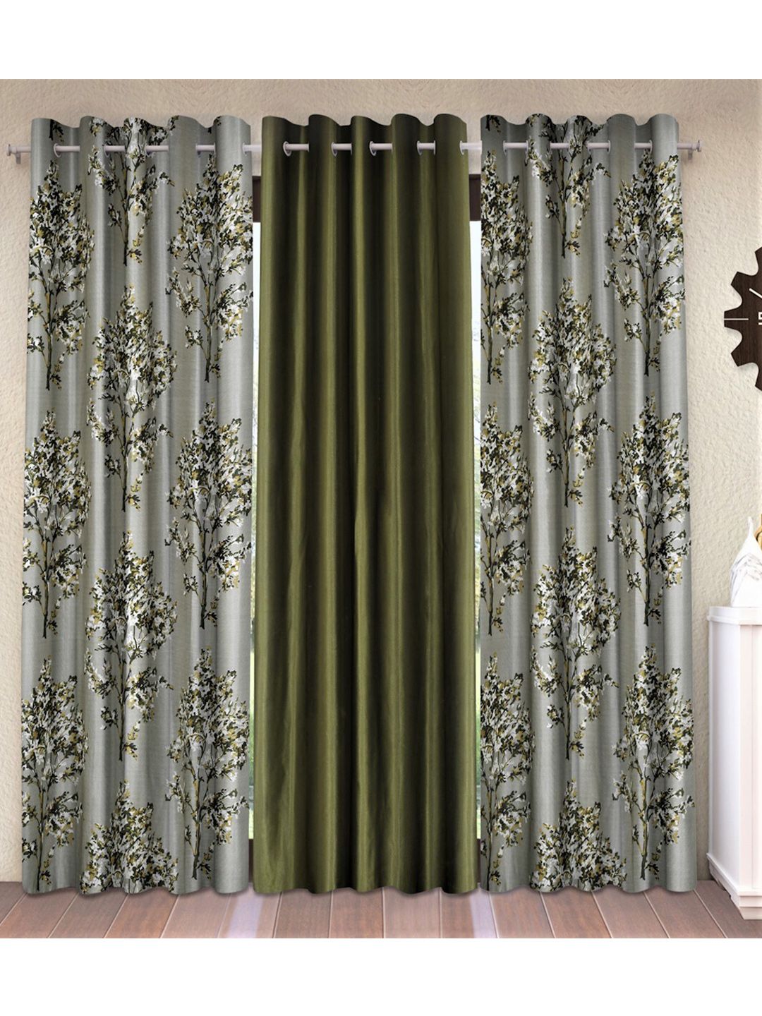 Fashion String Green & Grey Set of 3 Floral Long Door Curtain Price in India