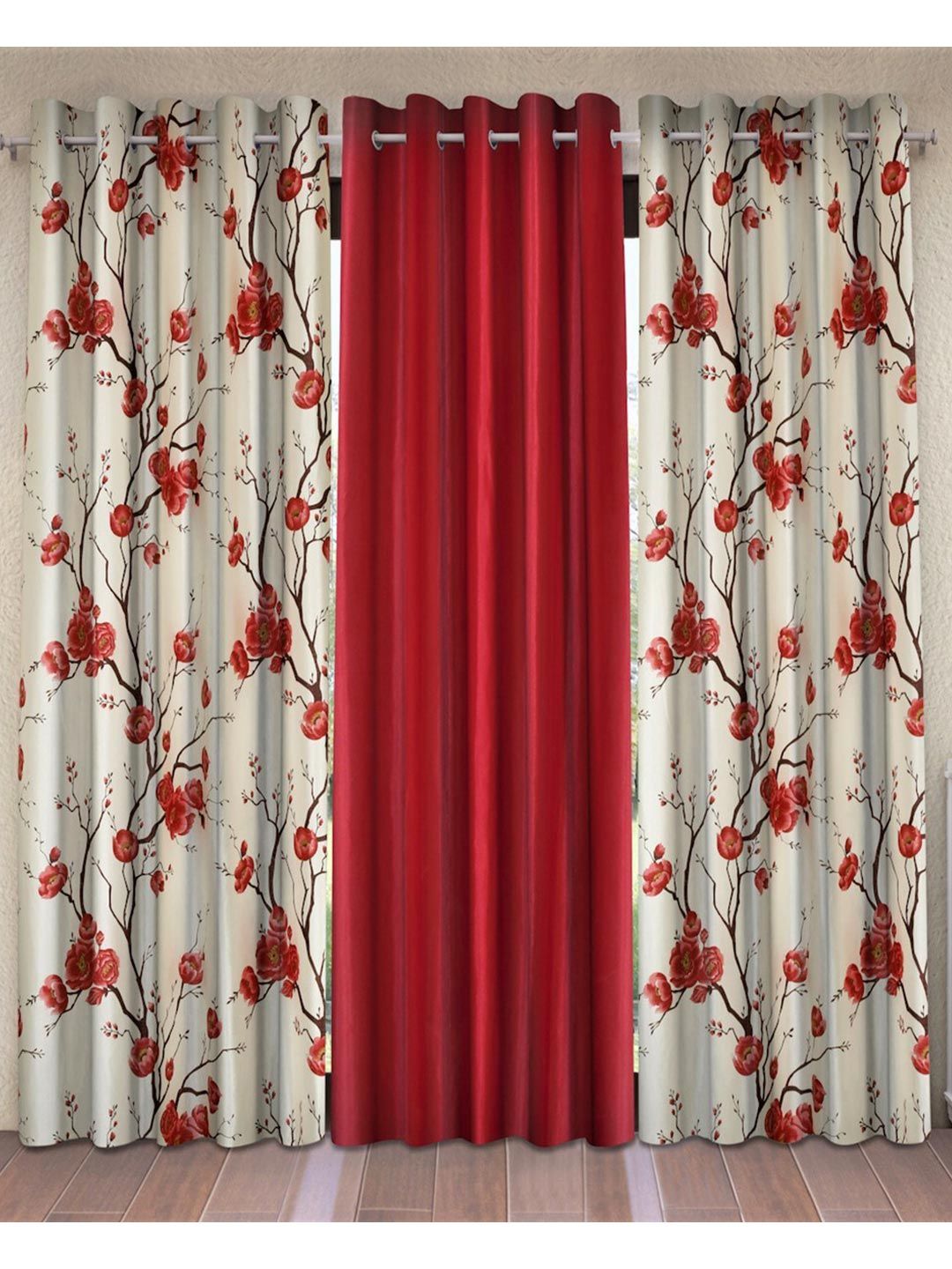 Fashion String Red & White Set of 3 Floral Long Door Curtain Price in India