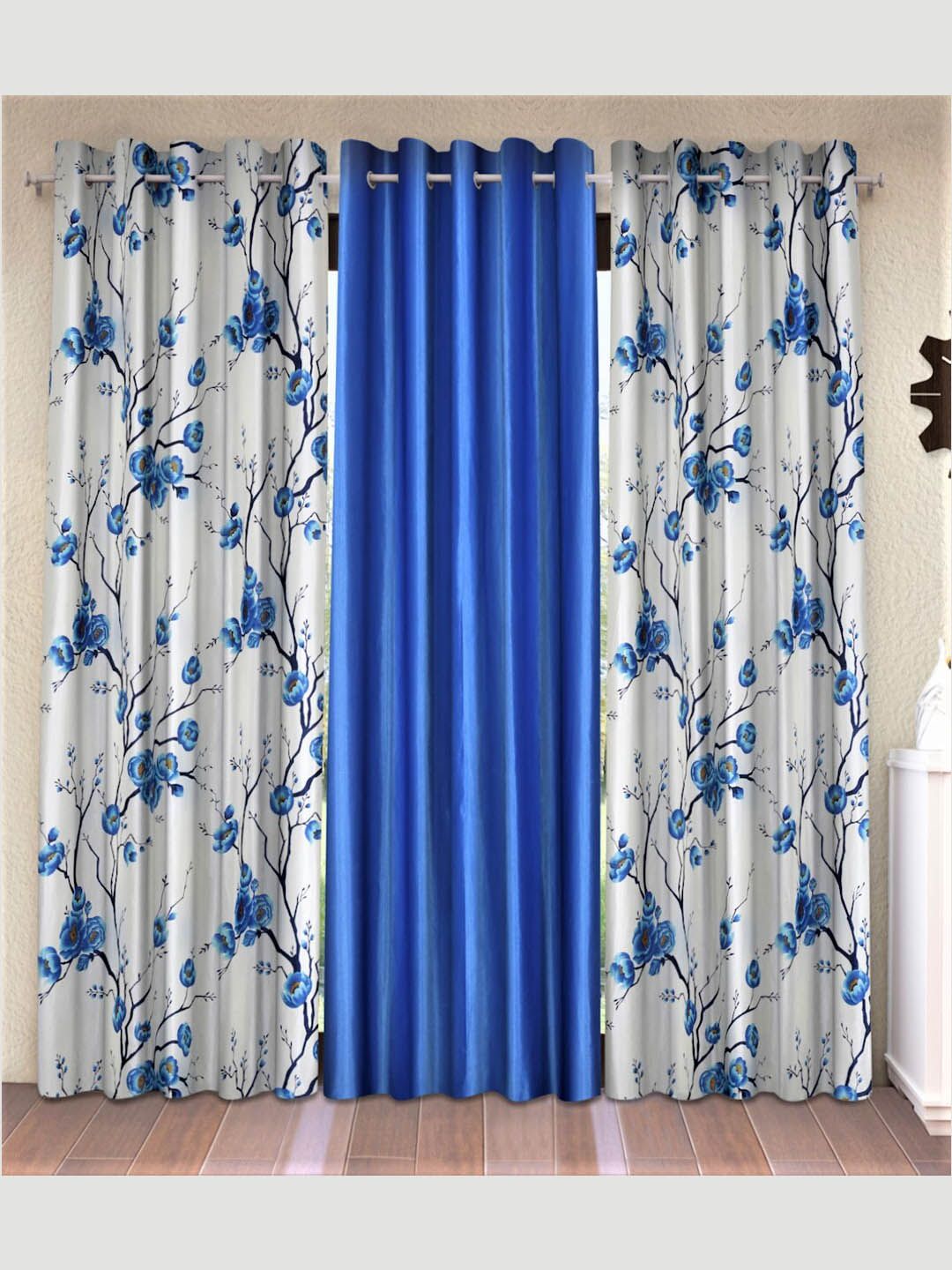 Fashion String Blue & Off White Set of 3 Floral Long Door Curtain Price in India