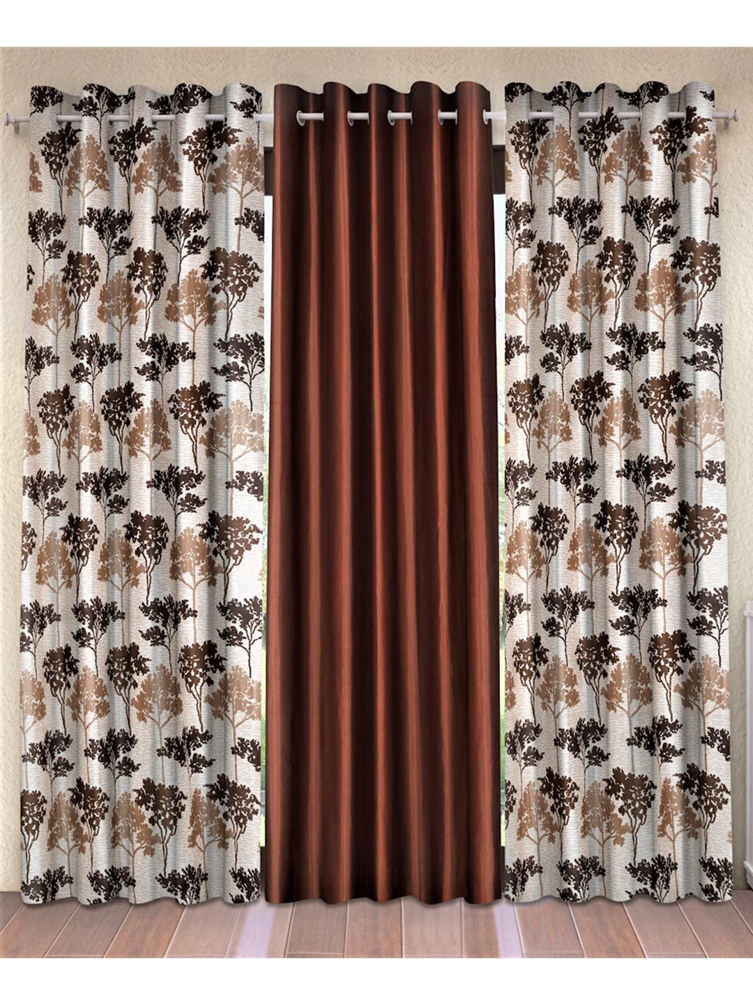 Fashion String Brown & Off White Set of 3 Floral Window Curtain Price in India