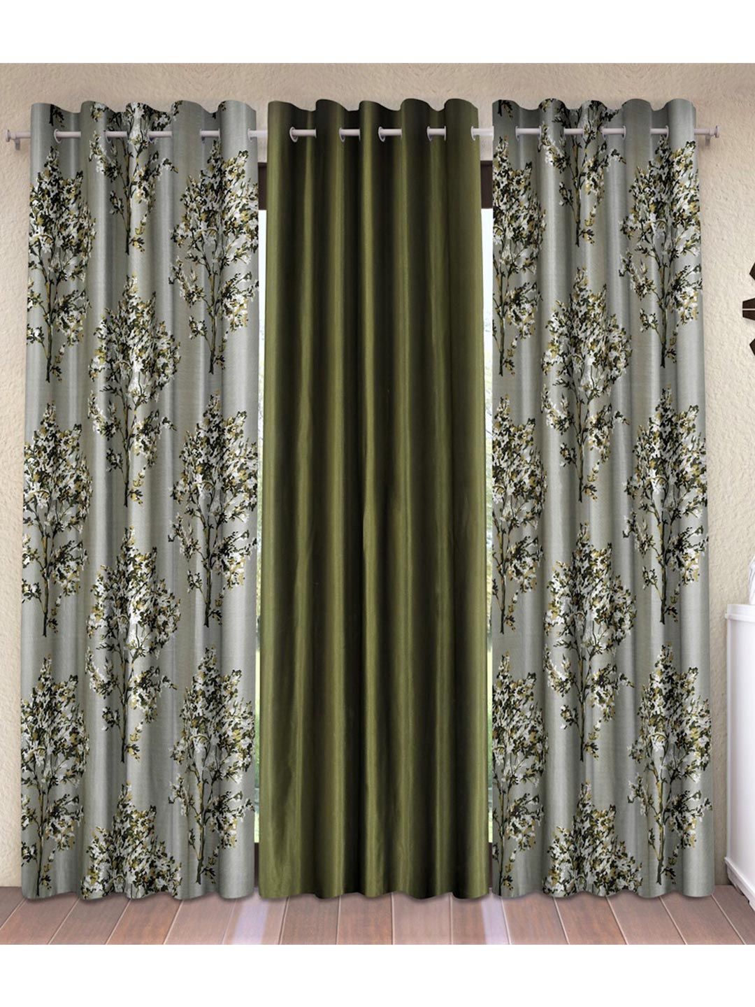 Fashion String Green & Grey Set of 3 Floral Window Curtain Price in India