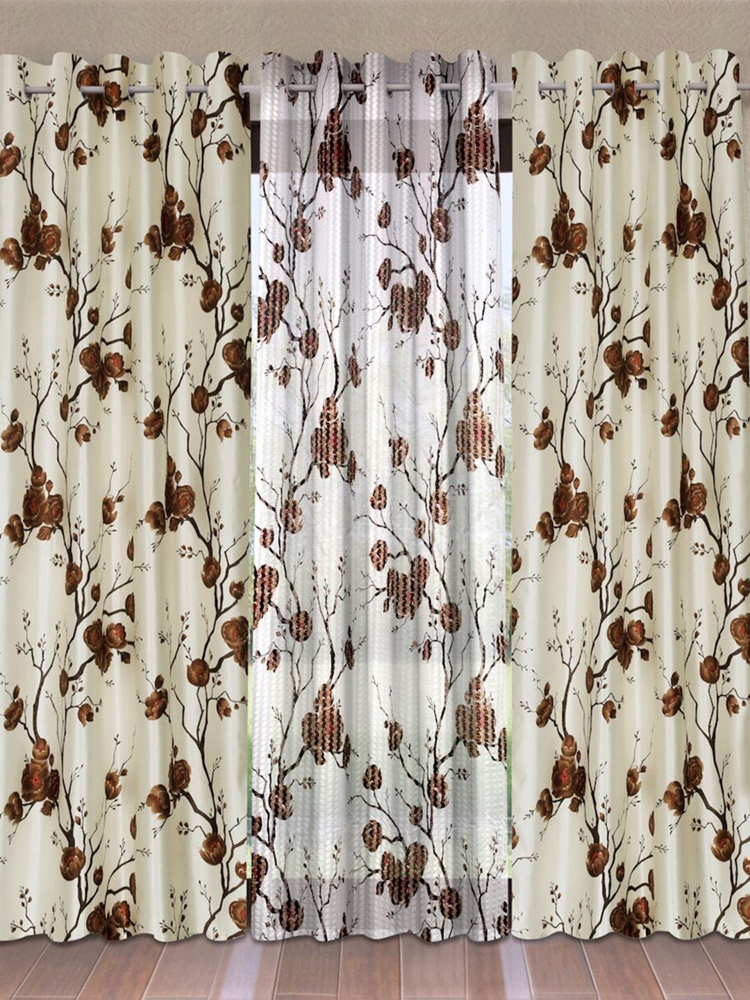 Fashion String Brown & Off White Set of 3 Floral Long Door Curtain Price in India