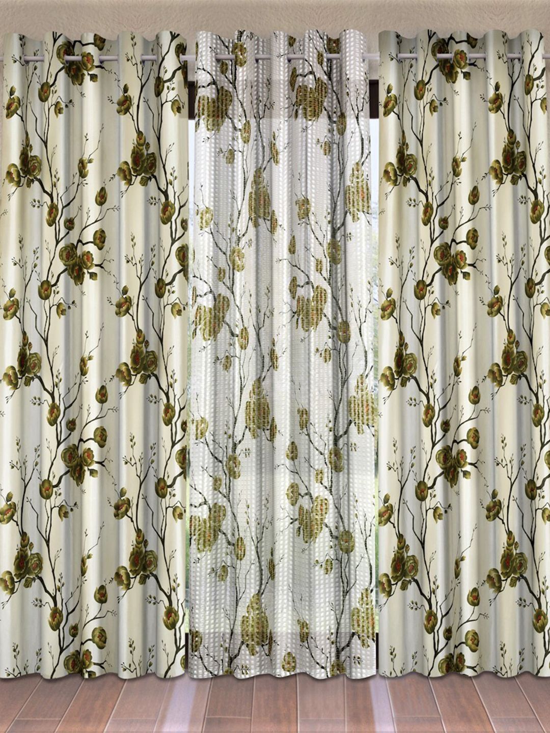 Fashion String Green & Off White Set of 3 Floral Long Door Curtain Price in India