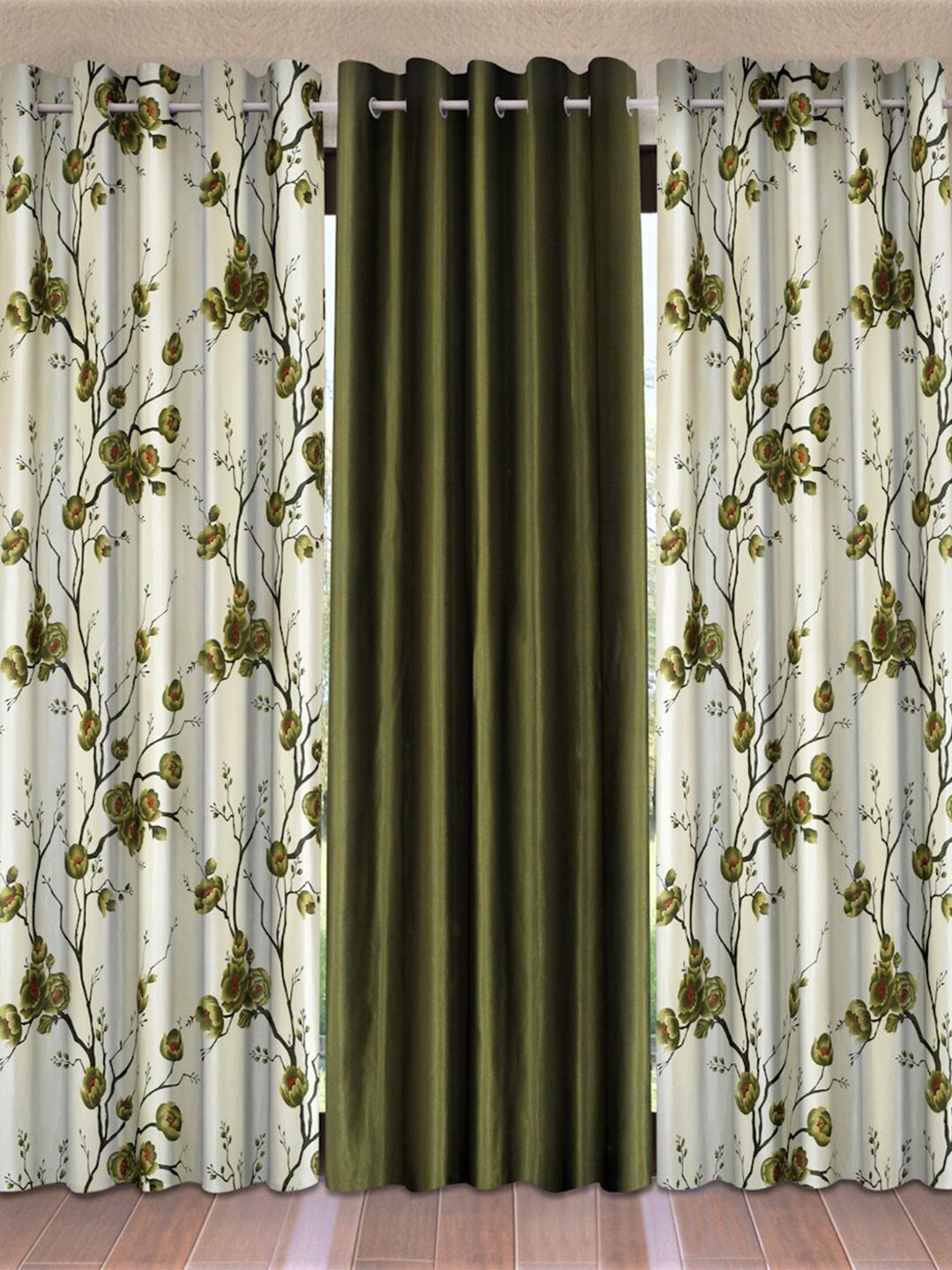 Fashion String Green & White Set of 3 Floral Long Door Curtain Price in India