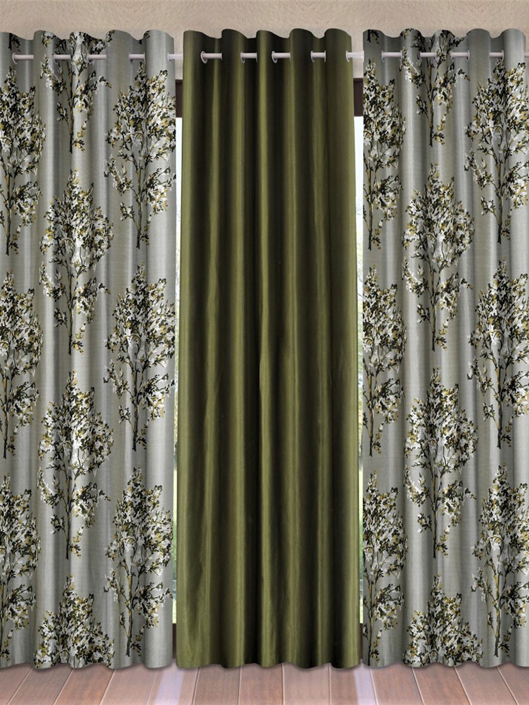Fashion String Green & Grey Set of 3 Floral Door Curtain Price in India