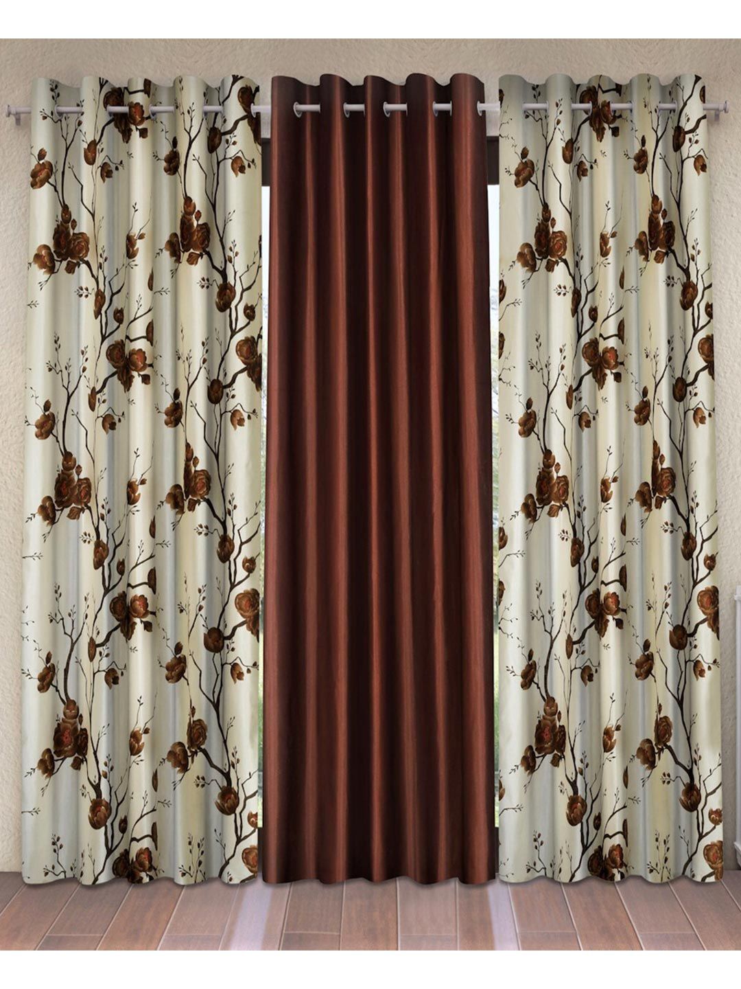 Fashion String Brown & White Set of 3 Floral Door Curtain Price in India