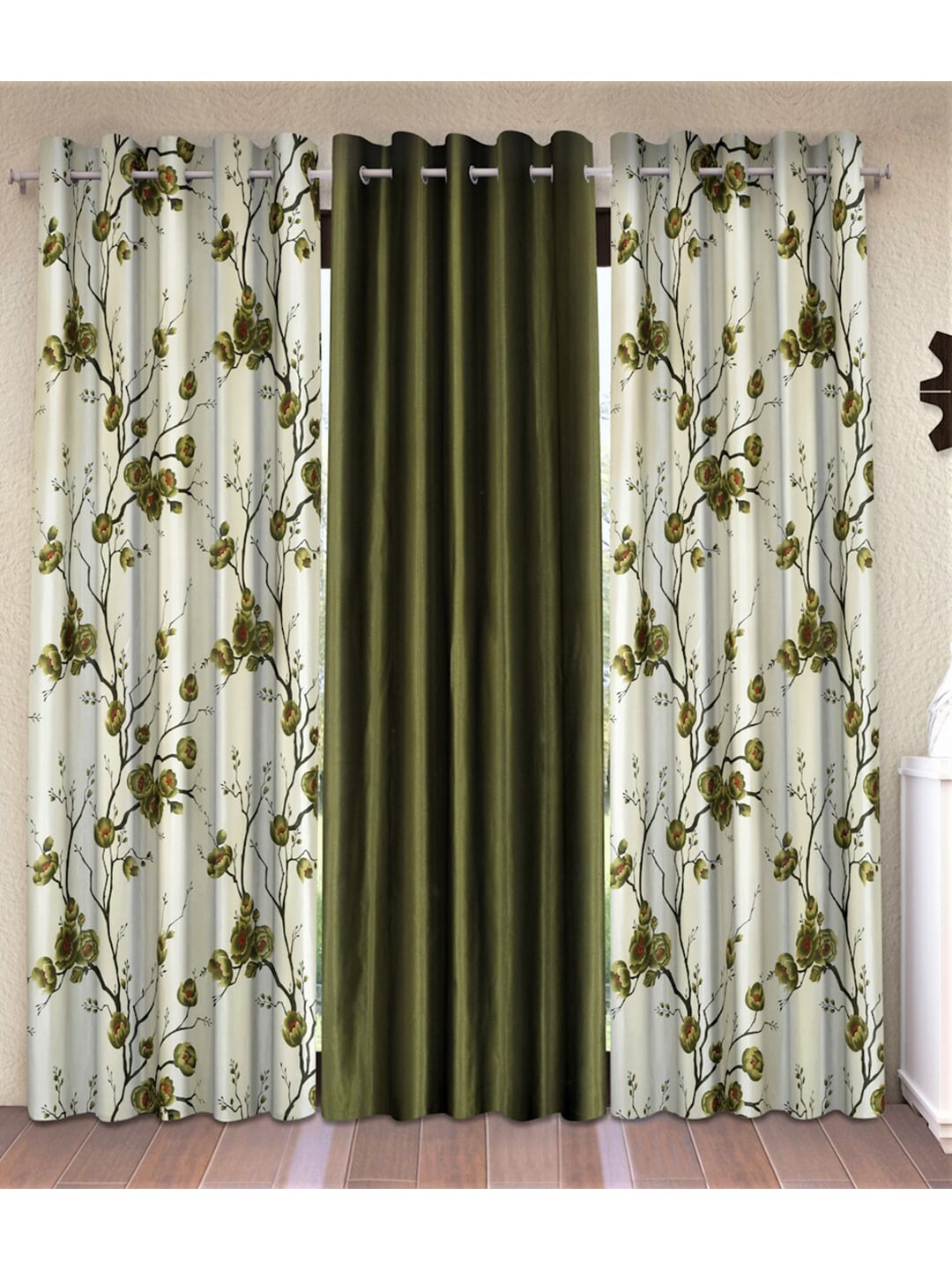 Fashion String Green & White Set of 3 Floral Window Curtain Price in India