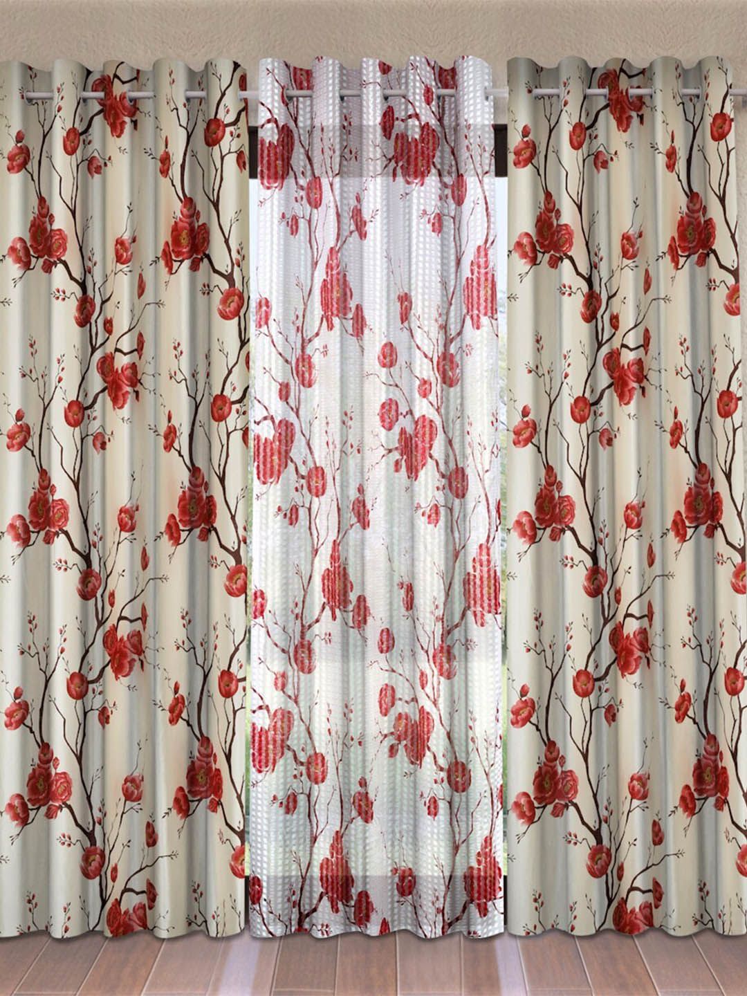 Fashion String Red & Off White Set of 3 Floral Window Curtain Price in India