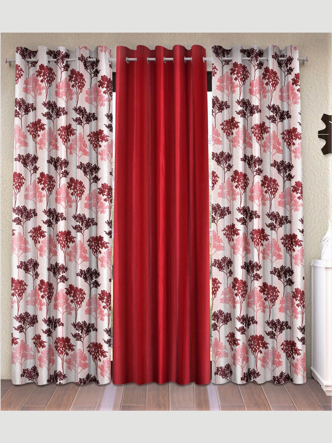 Fashion String Maroon & White Set of 3 Floral Long Door Curtain Price in India