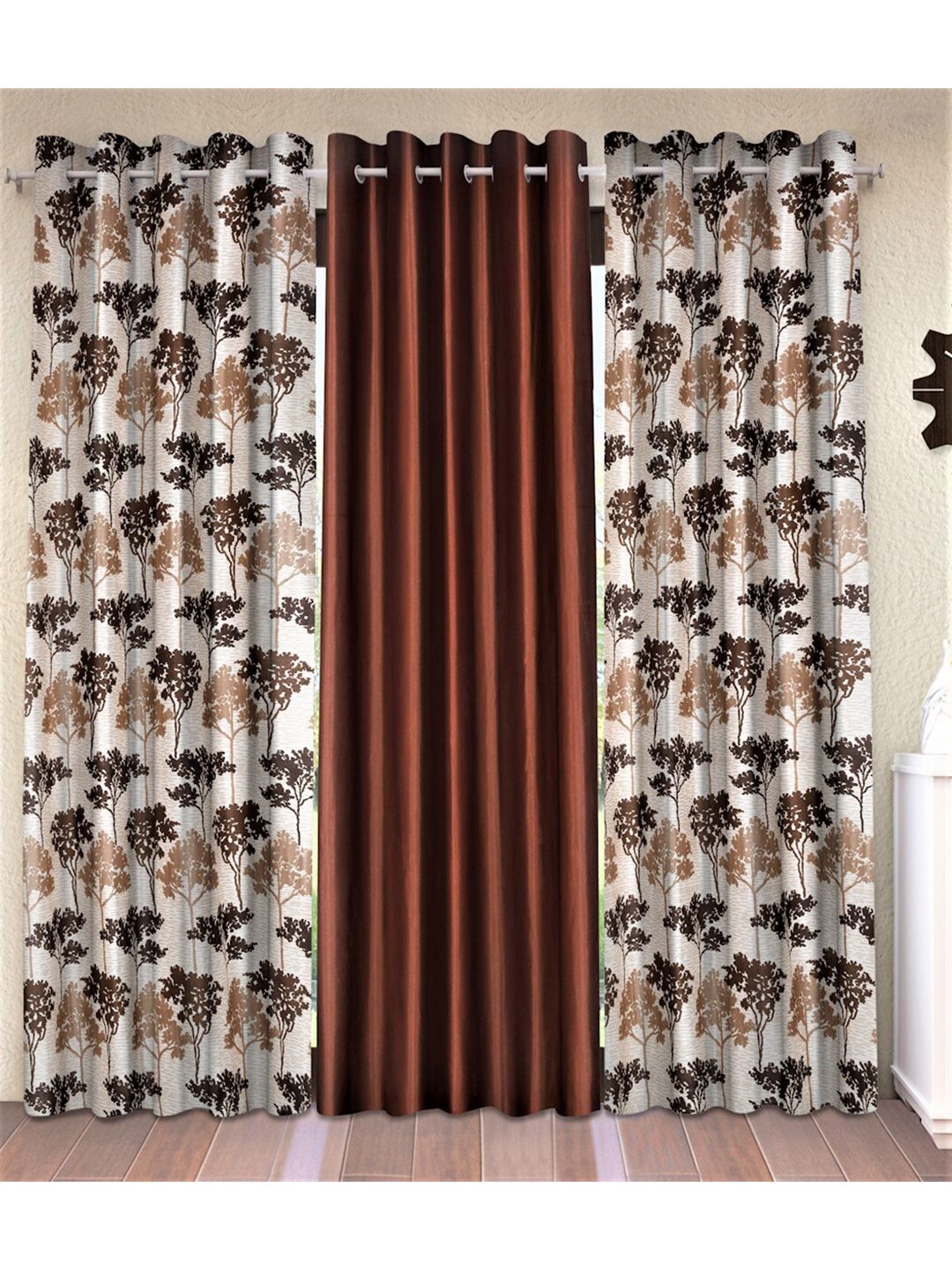 Fashion String Brown & Cream-Coloured Set of 3 Floral Long Door Curtain Price in India
