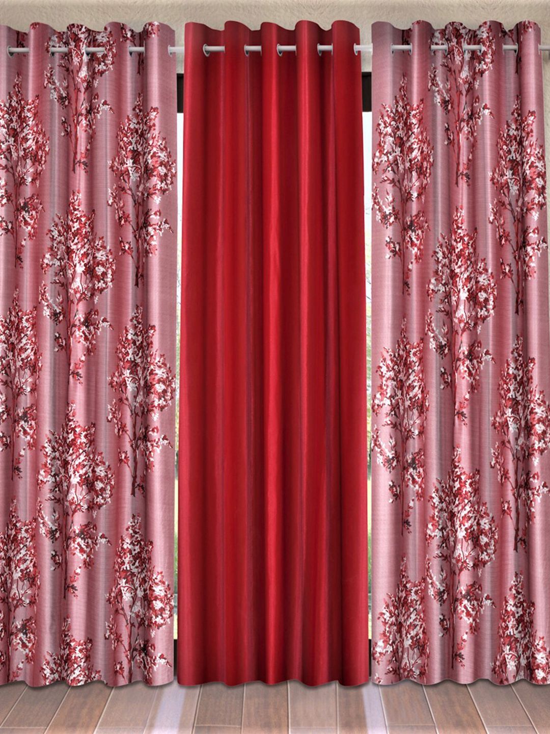 Fashion String Maroon & Pink Set of 3 Floral Door Curtain Price in India