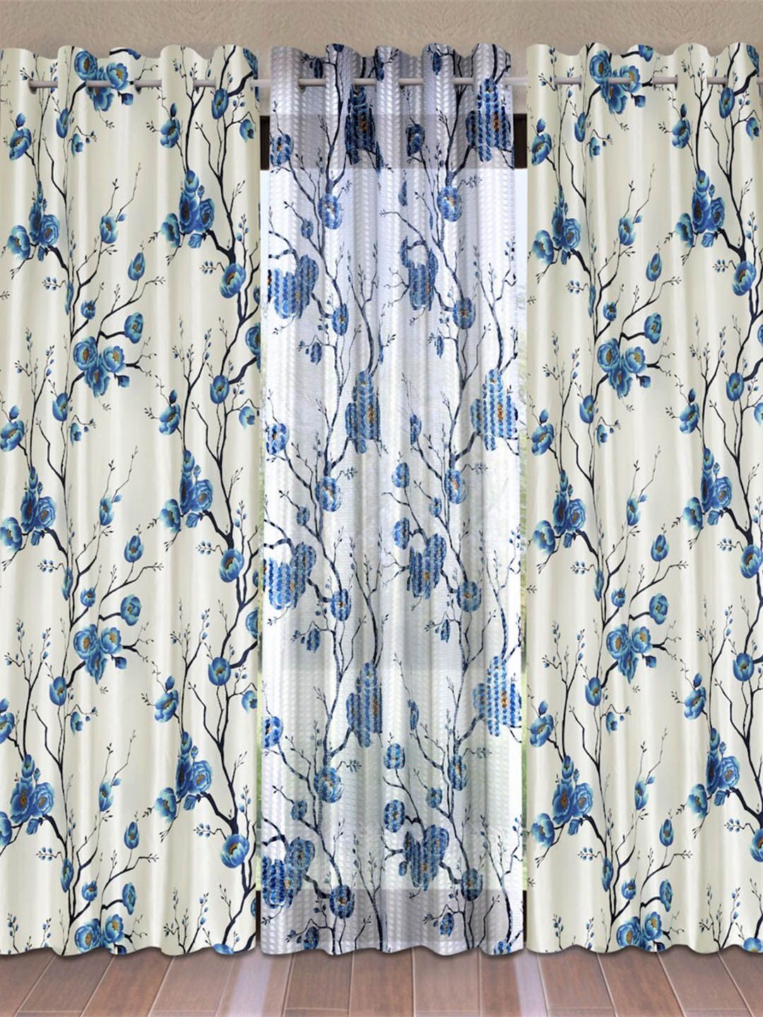 Fashion String Blue & Off White Set of 3 Floral Long Door Curtain Price in India