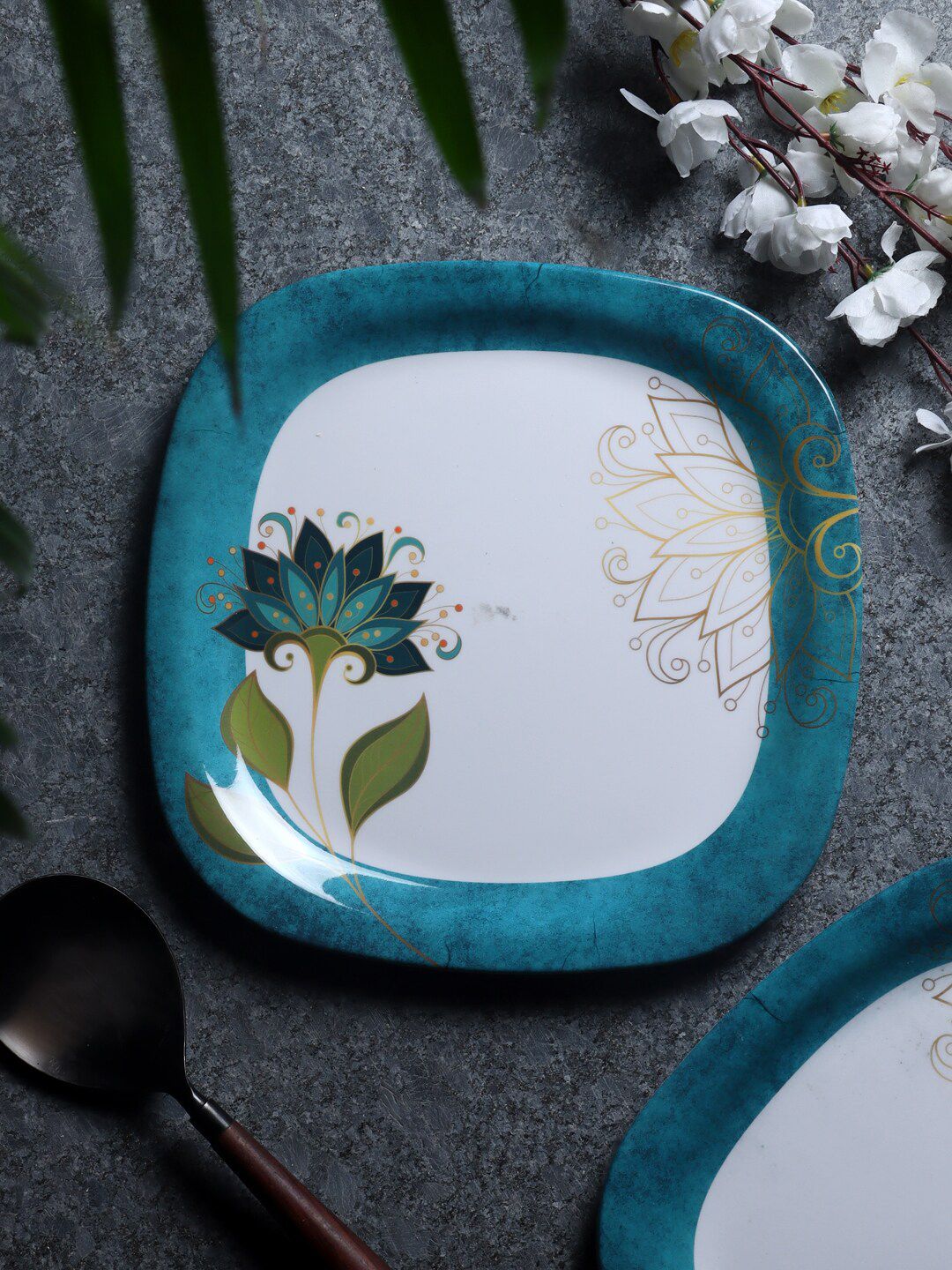 CDI White & Green 12 Pieces Printed Melamine Glossy Plates Price in India