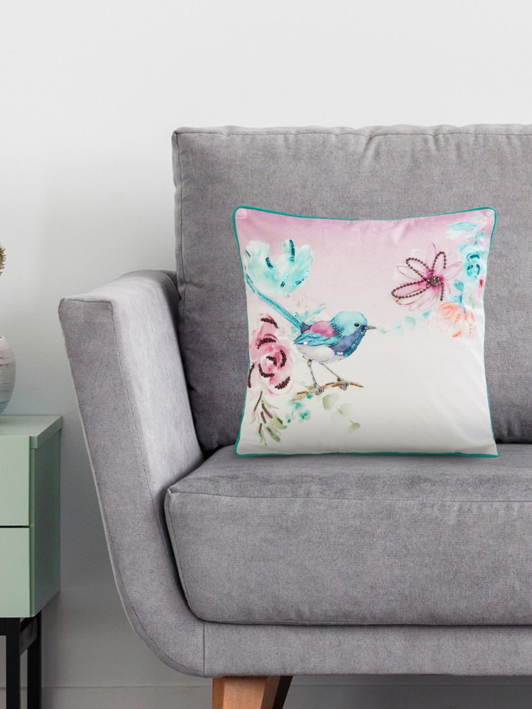 Home Centre Pink & Blue Bird Embellished Filled Cushion Price in India