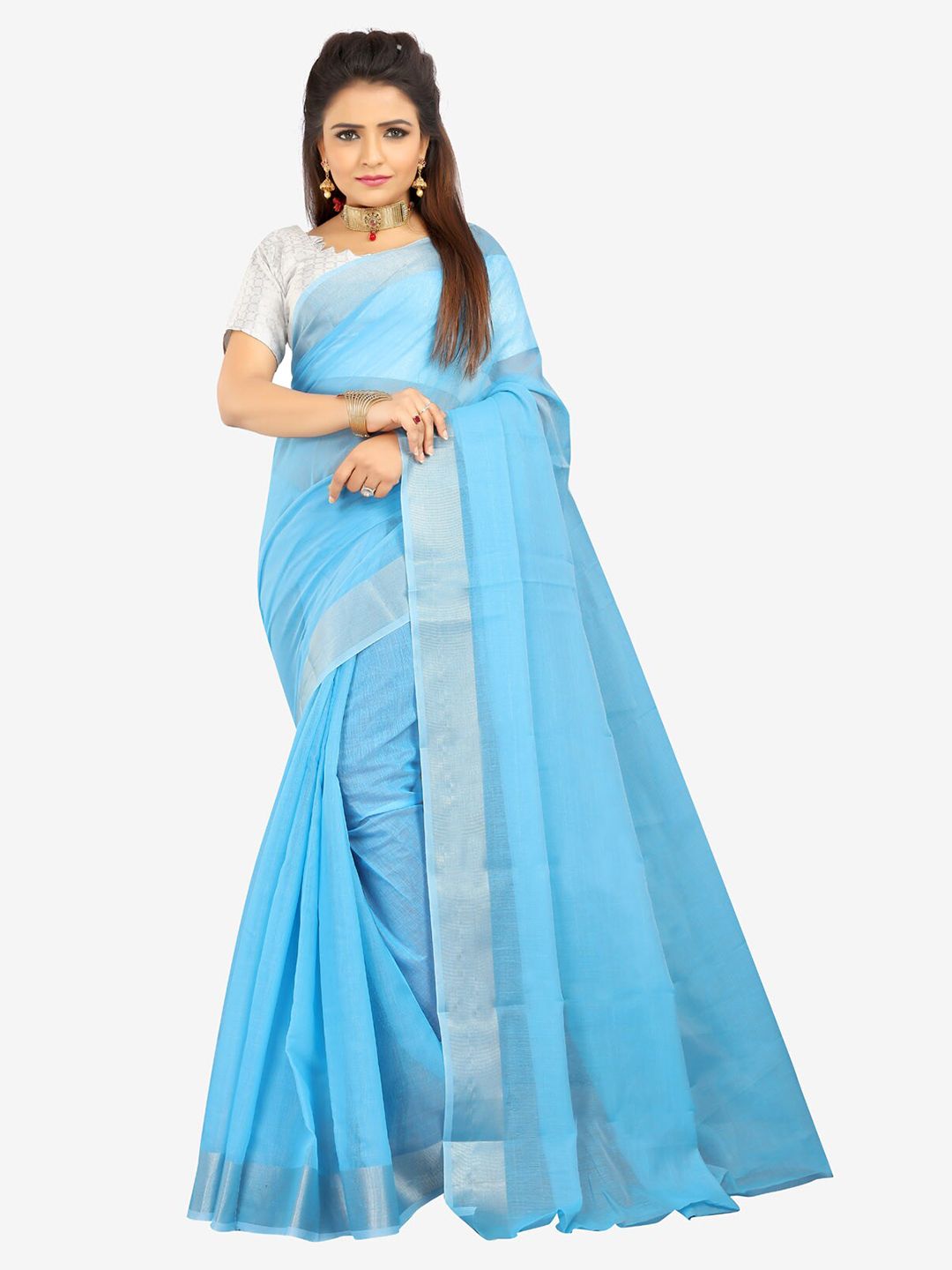 Indian Fashionista Turquoise Blue & Silver-Toned Zari Silk Cotton Ready to Wear Mysore Silk Saree Price in India