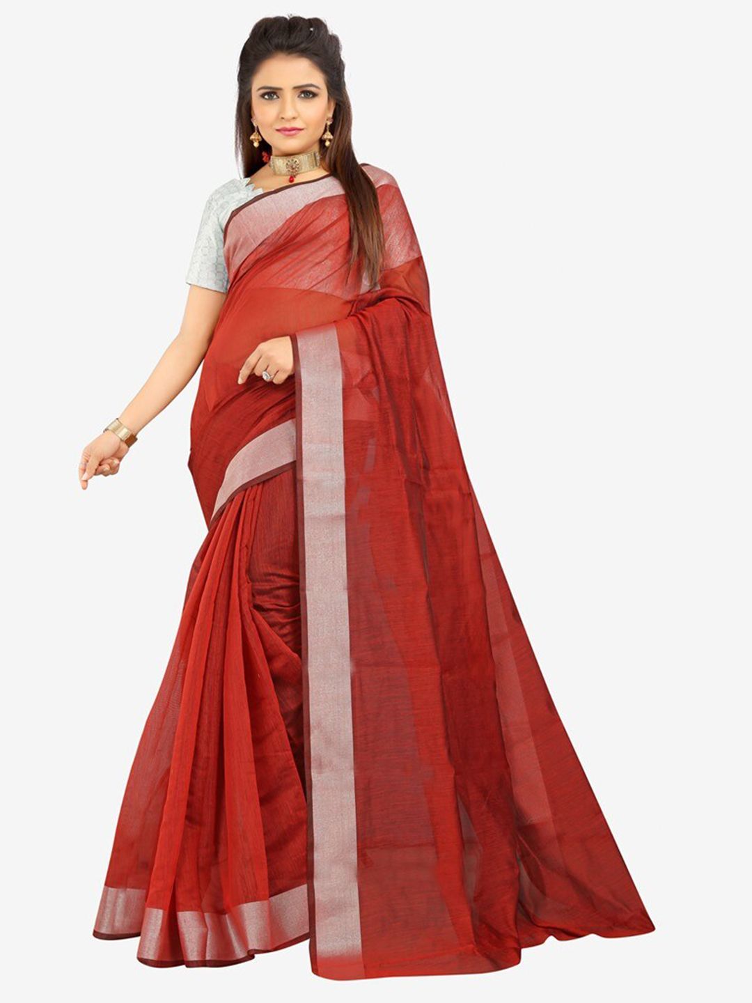 Indian Fashionista Red & Silver-Toned Zari Silk Cotton Ready to Wear Mysore Silk Saree Price in India