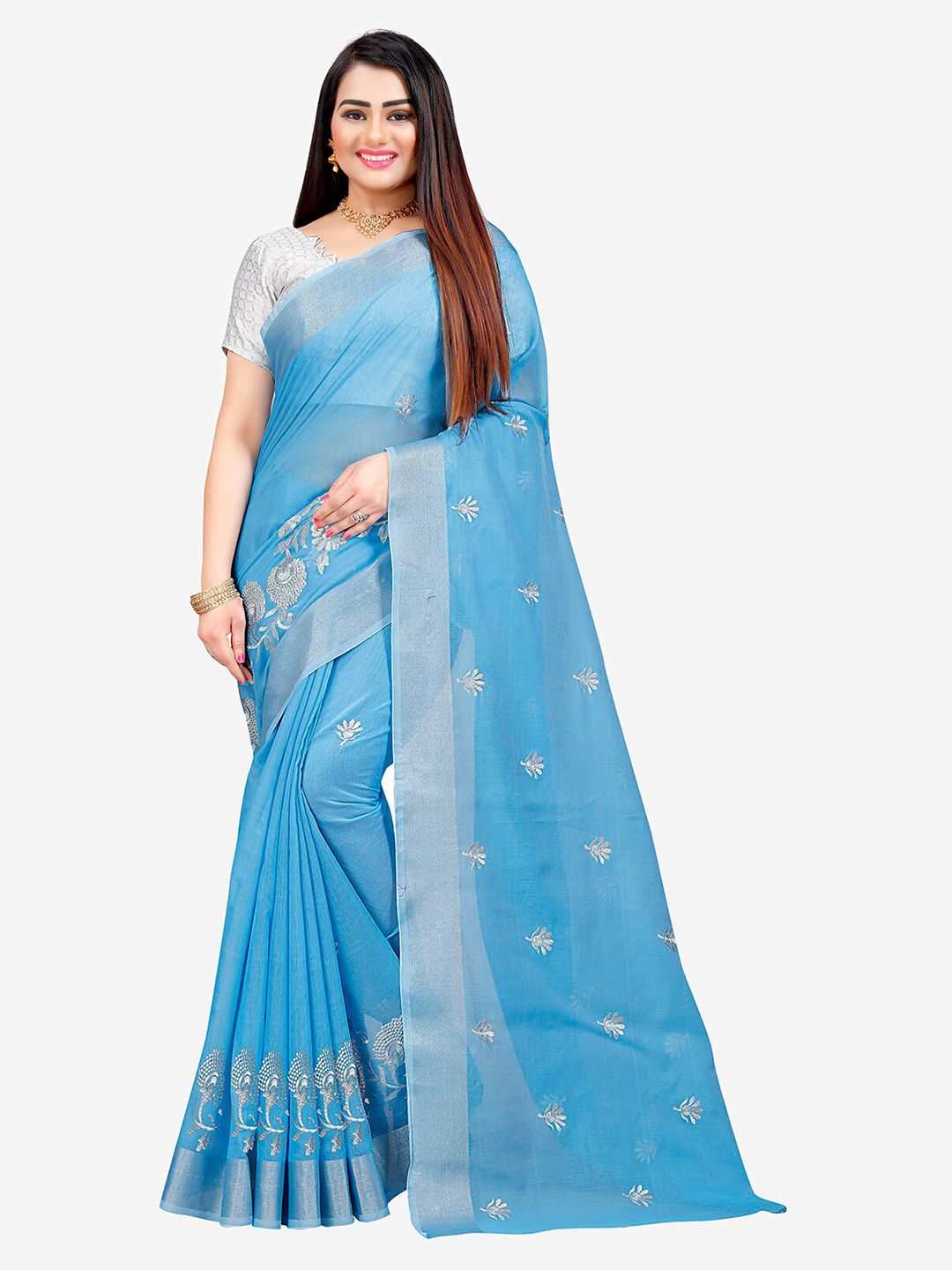 Indian Fashionista Turquoise Blue & Silver-Toned Floral Embroidered Silk Cotton Mysore Silk Saree Price in India