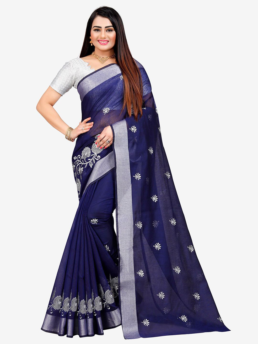 Indian Fashionista Blue & Silver-Toned Floral Embroidered Silk Cotton Mysore Silk Saree Price in India