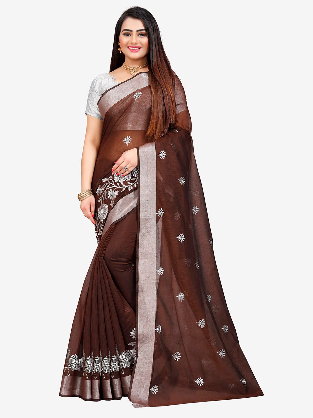 Indian Fashionista Brown & Silver-Toned Kalamkari Embroidered Silk Cotton Mysore Silk Saree Price in India